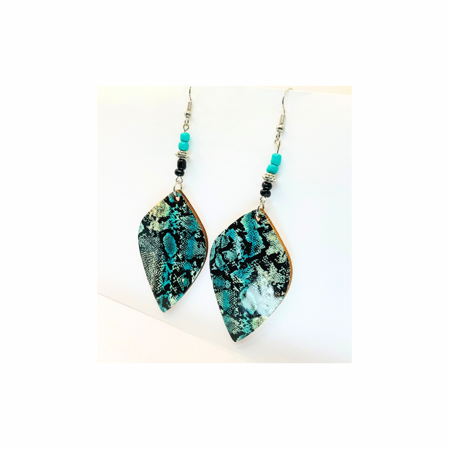 Turquoise and Black Snake Skin Lightweight Wood Dangle Earrings