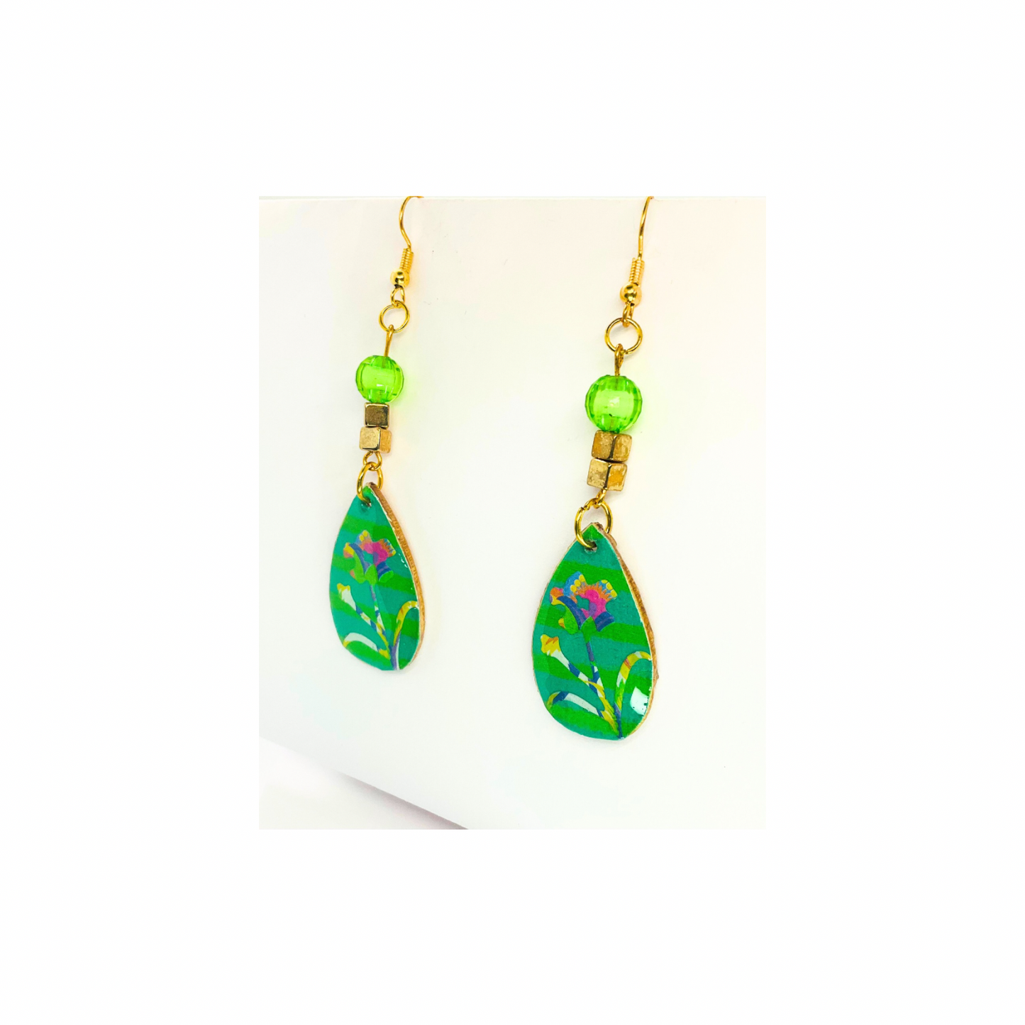 BOHO Wood Dangle Teardrop Earring Handmade with Flower Motif & Green Bead Top Quality Handcrafted Jewelry