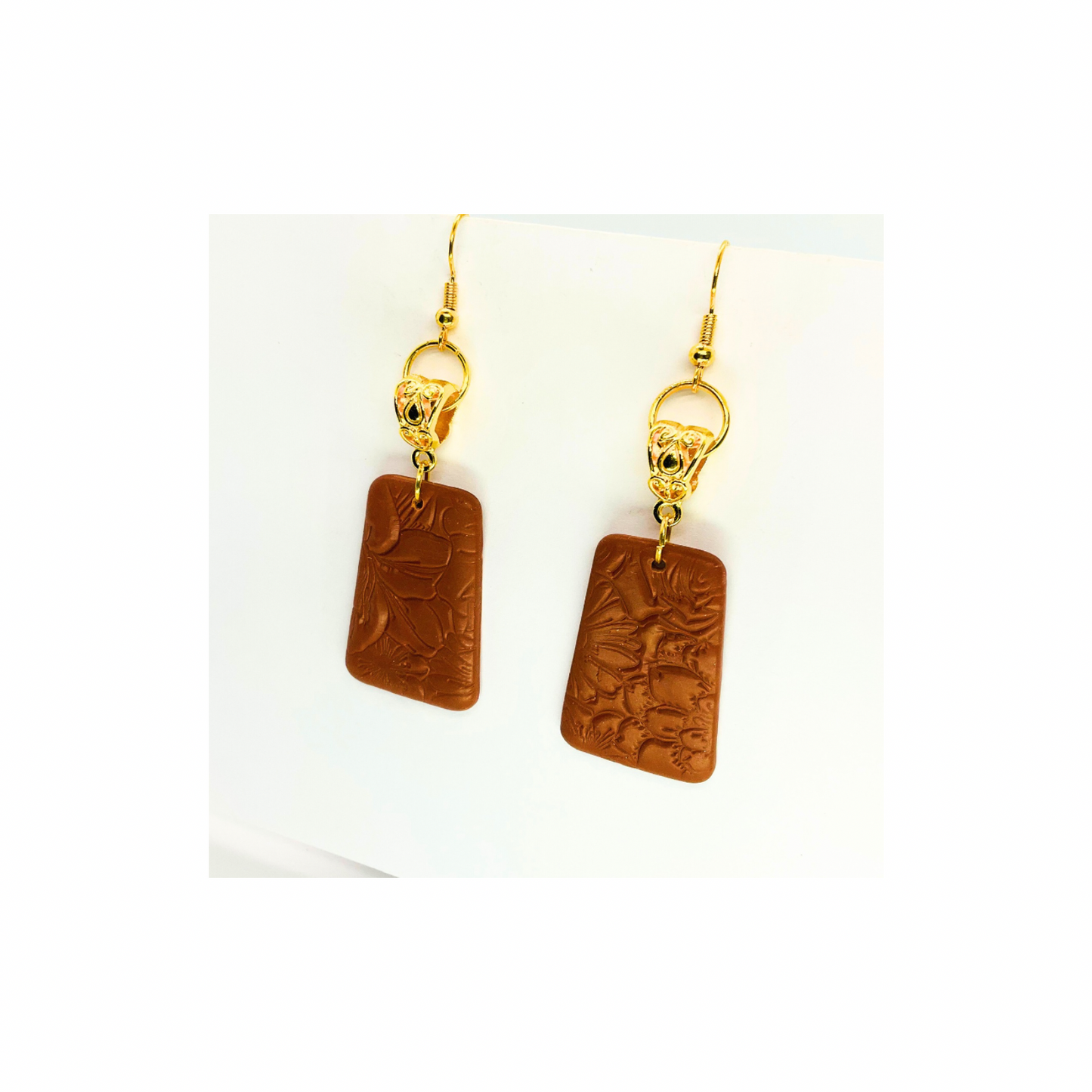 Leather Look Bronze with Gold Hoop Dangle Earrings - Rectangular Design & Gold Hooks
