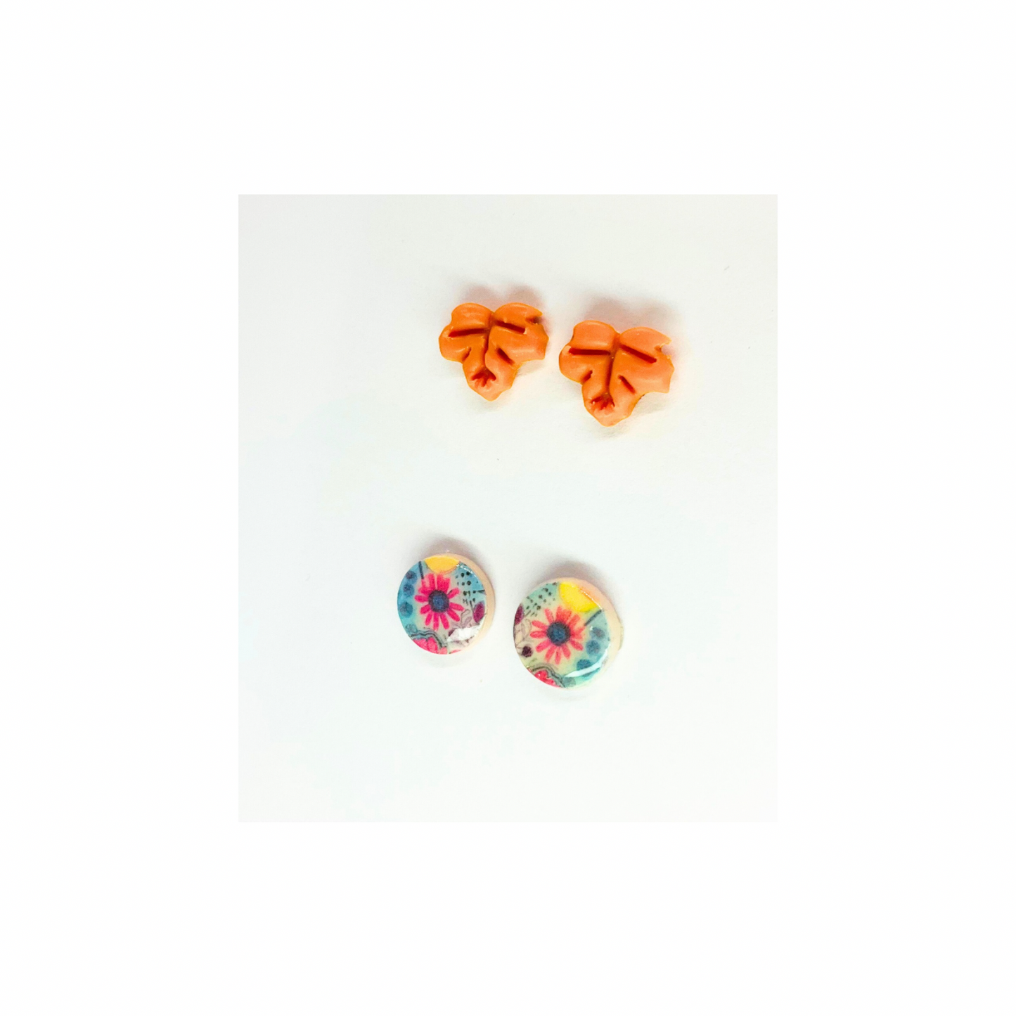 Fall Collection Yellow Leaf and Round Flower Stud Earrings - Yellow Leaves & Colorful Floral Design