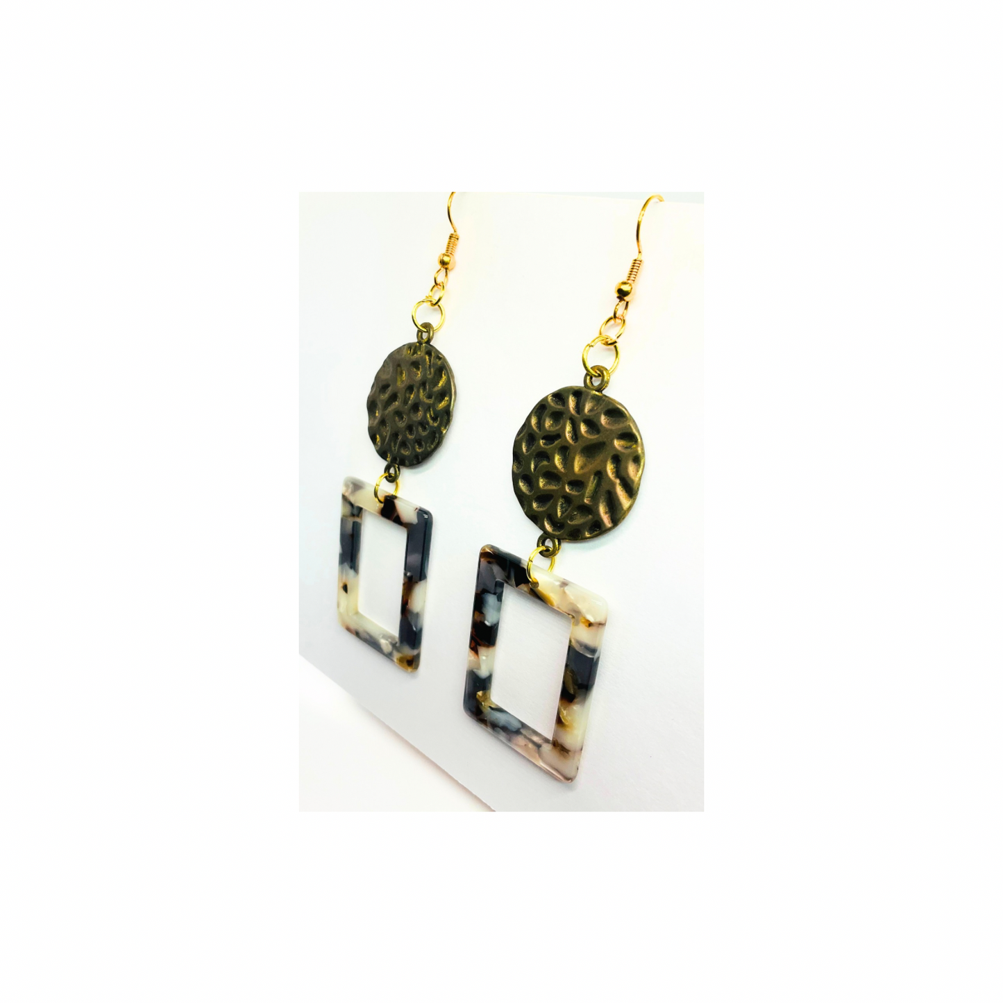Tortoise Collection Brown Earrings with Gold Tarnished Hammered Circle Elegant Design for Women