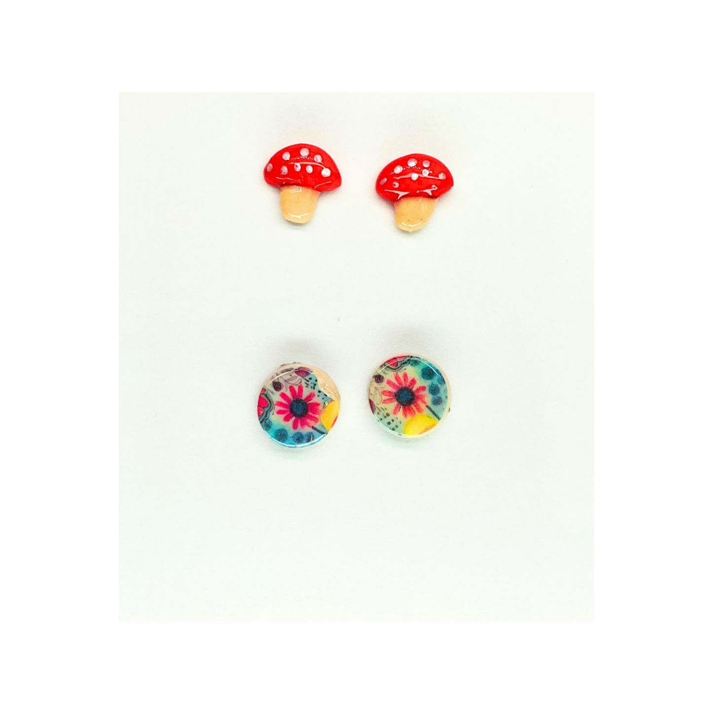 Fall Collection Mushroom and Flower Stud Earrings - Red and White Design