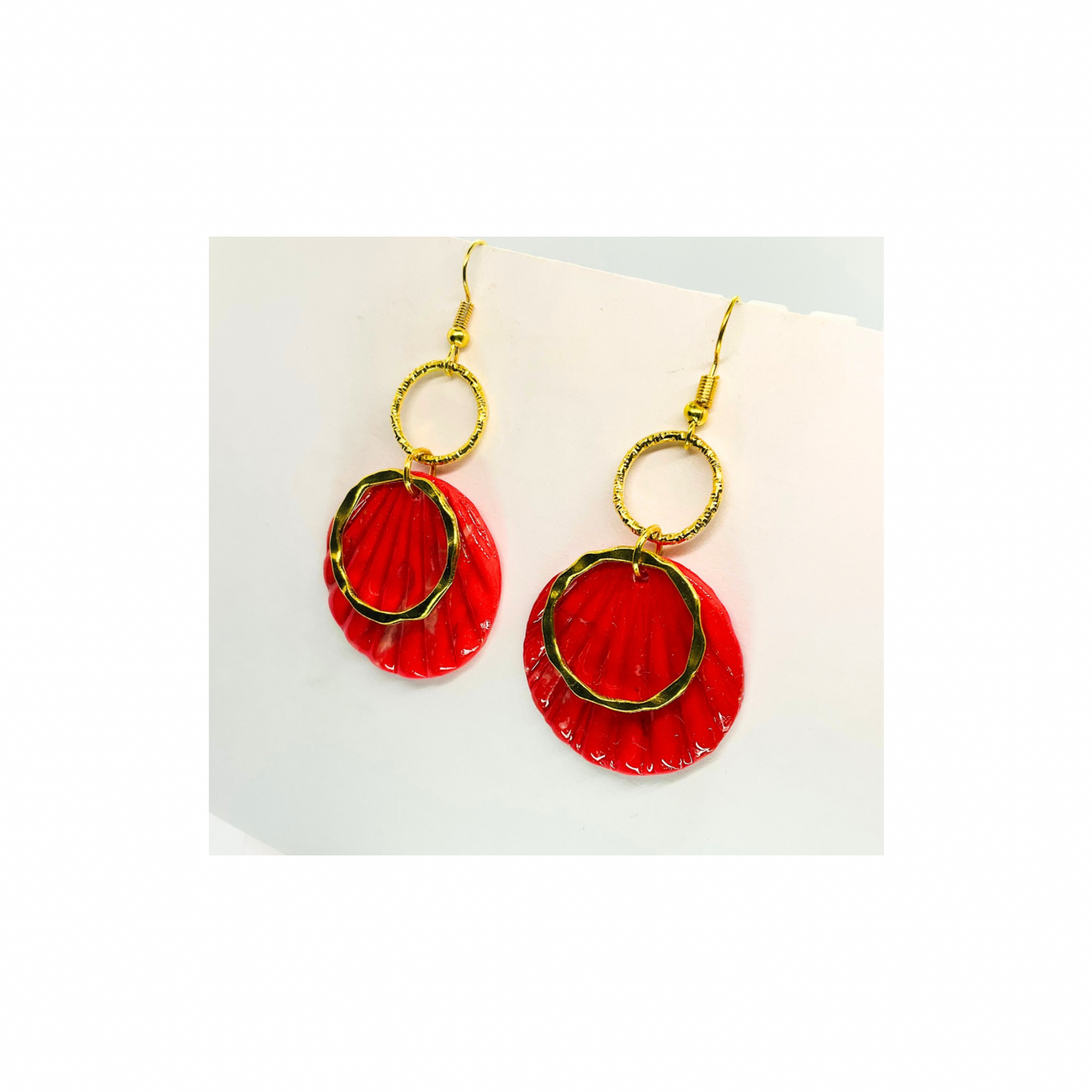Christmas in July Collection Round with Gold Round Accent Dangle Earrings Red Translucent Design
