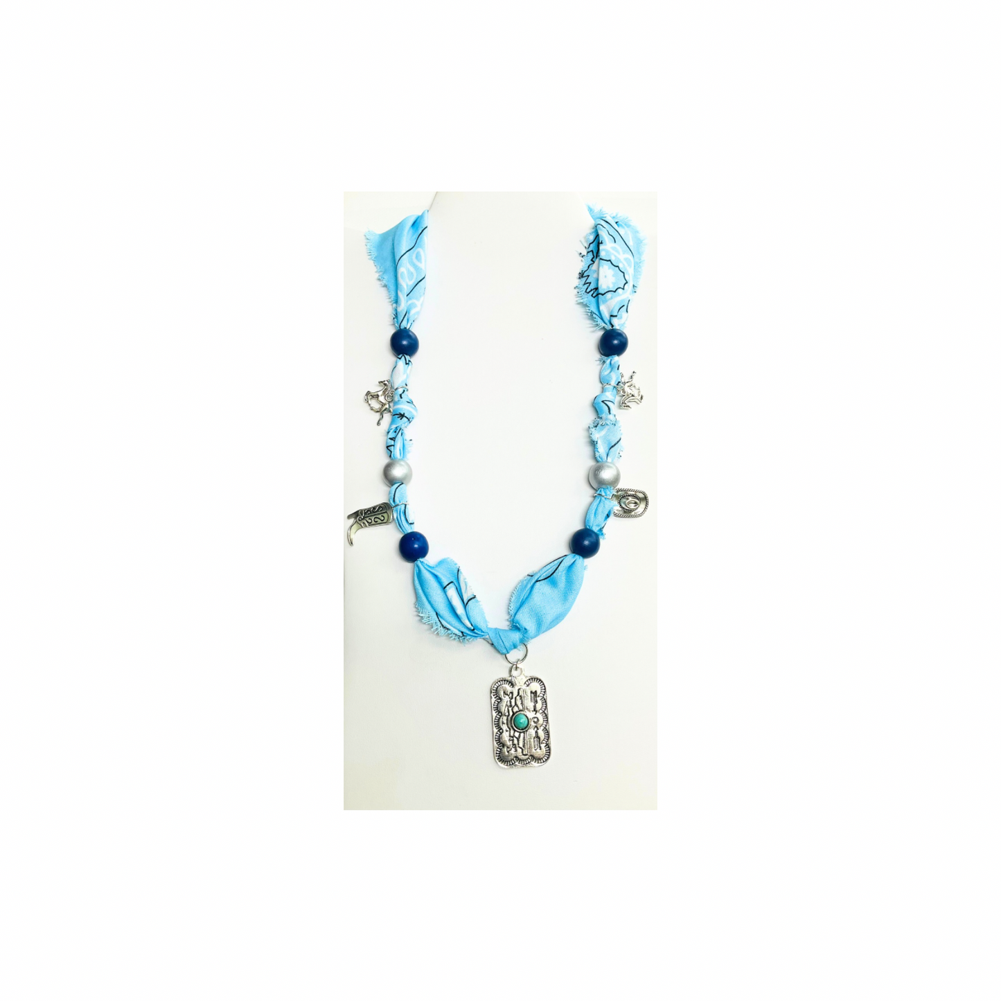 Western Style Blue 21 Inch Bandana Necklace with Silver Charms and Blue and Silver Wood Beads for Stylish Outfits