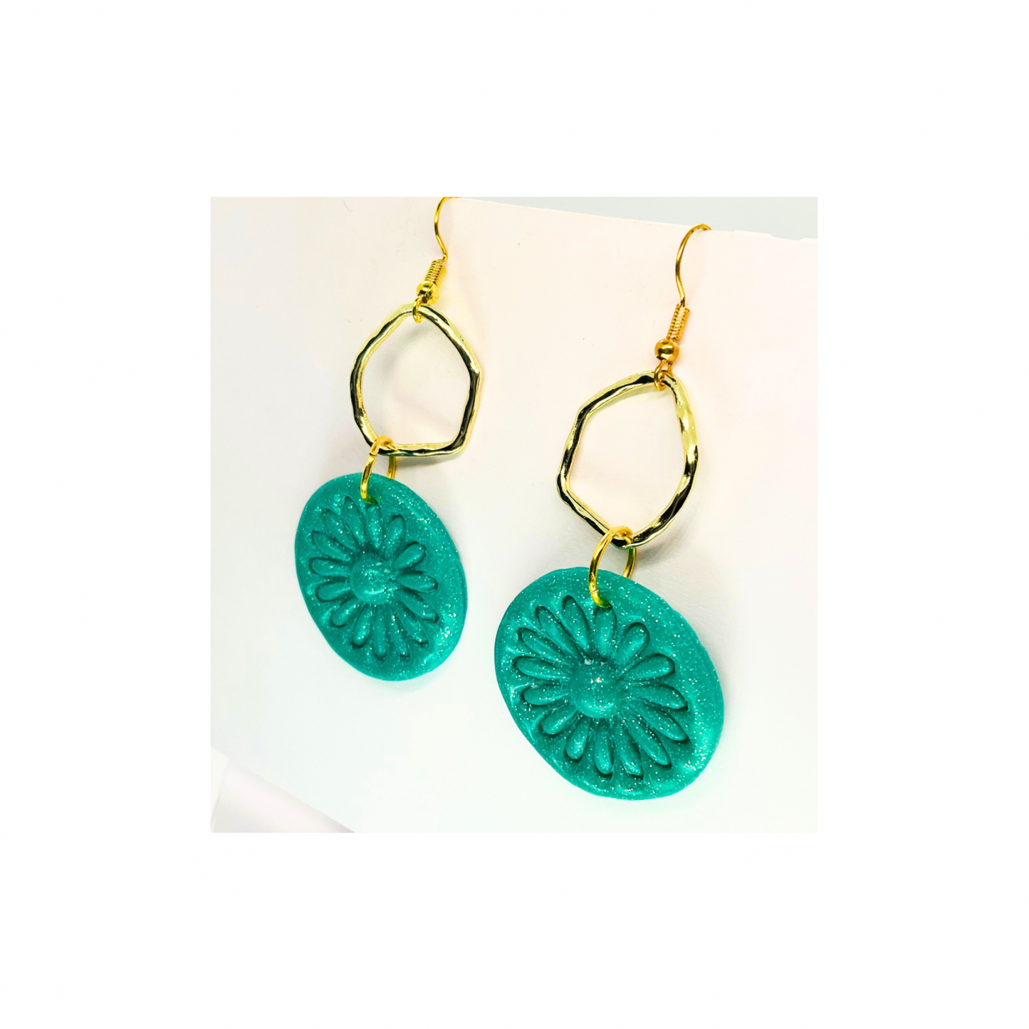 Teal Green Sparkle Circle with Gold Accent Dangle Earrings - Teal Color Floral Design Jewelry Accessory