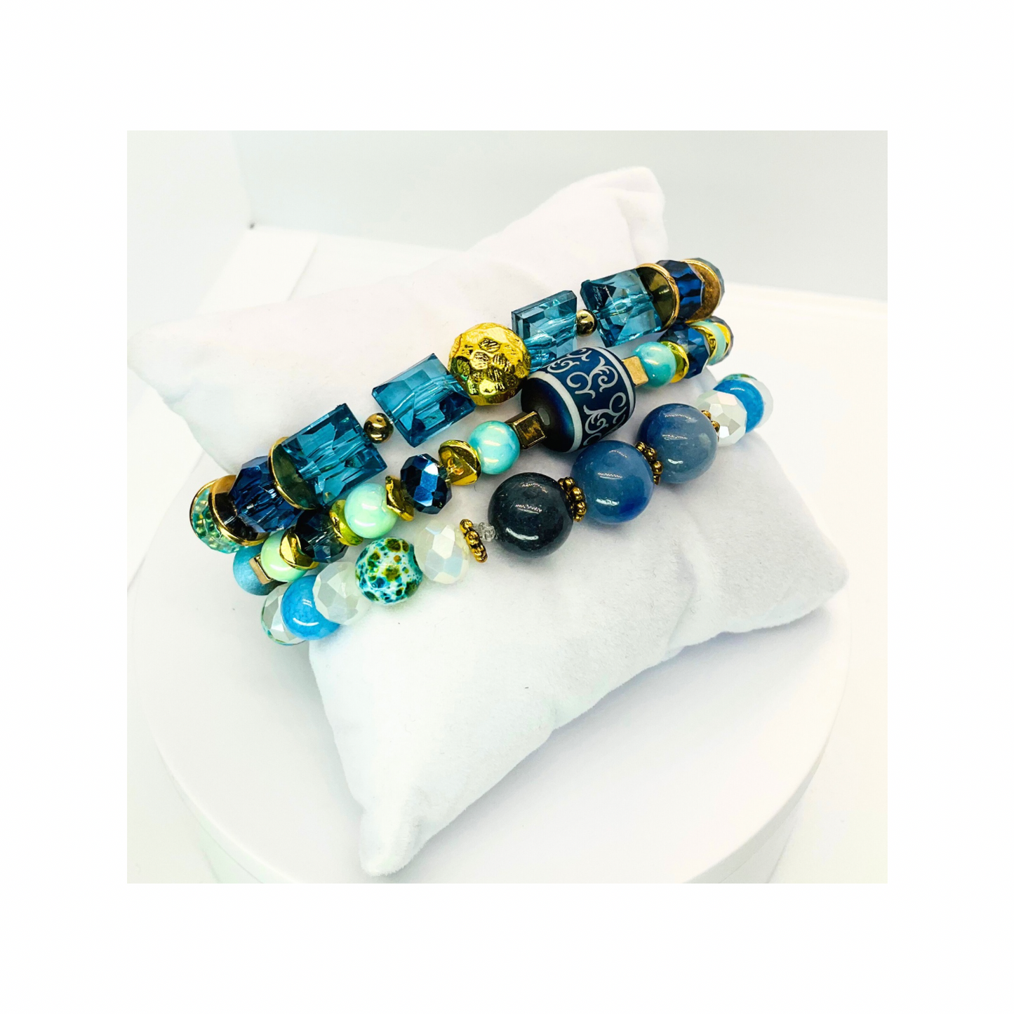 Blue Stacked Stretch Set of Three Bracelets with Colorful Beads and Gold Accents for Stylish Accessory