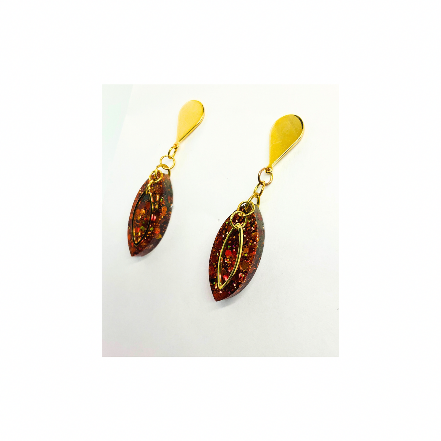 Gold Sparkle Stud Dangle Earrings - Handmade Gold Resin Teardrop with Chunky Glitter & Embellishment
