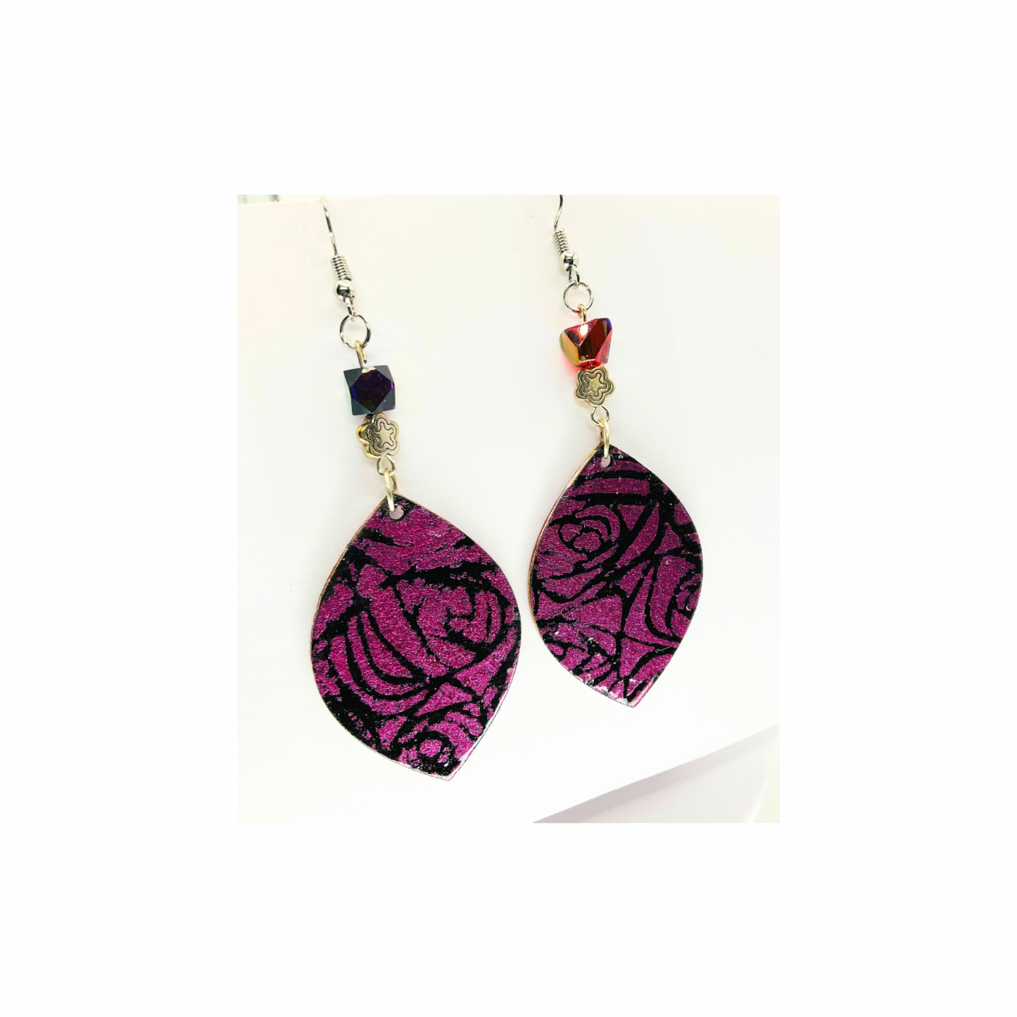 Iridescent Fuchsia Rose Dangle Earrings with Silver Flower