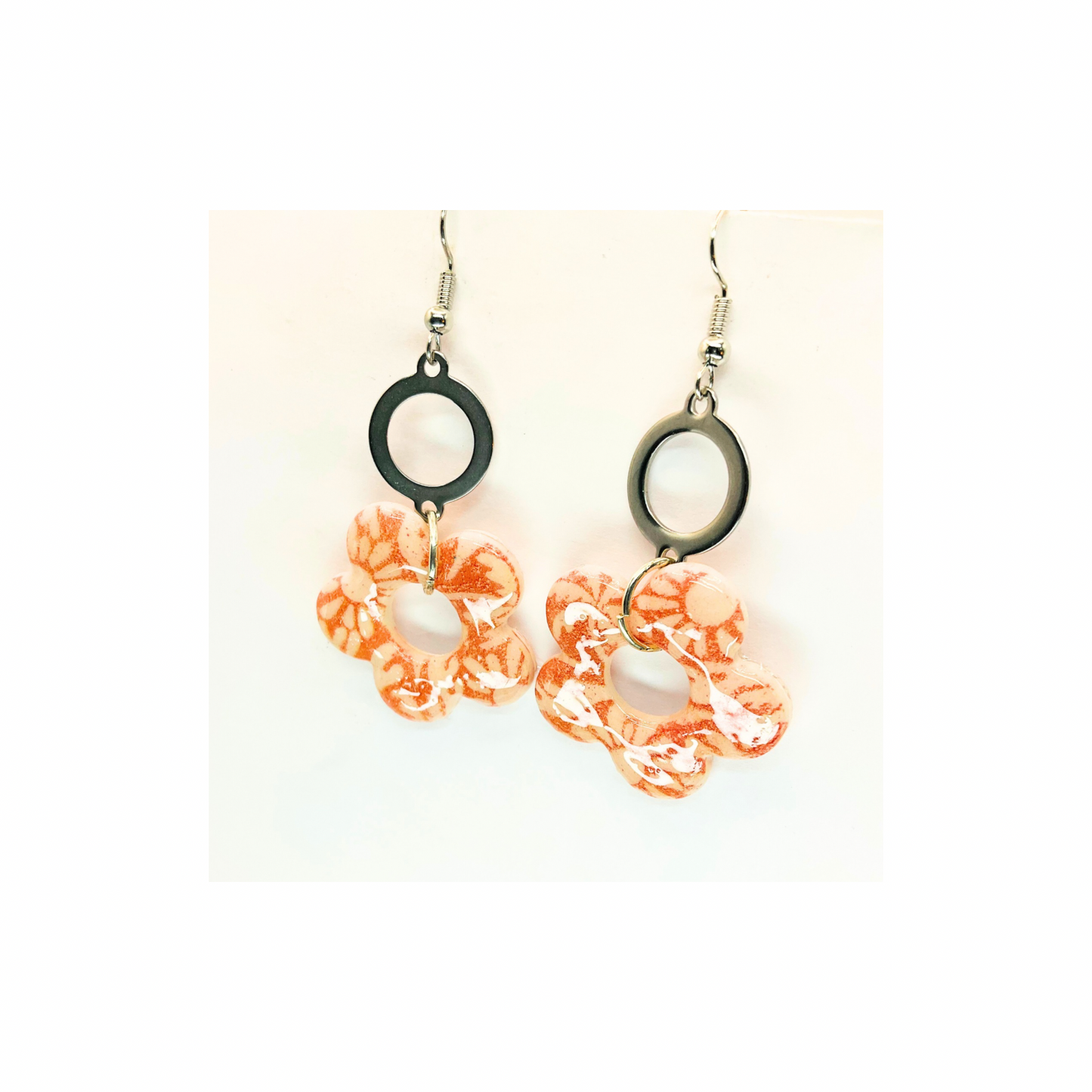 Beach Bloom Collection Salmon Flower with Silver Dangle Earrings