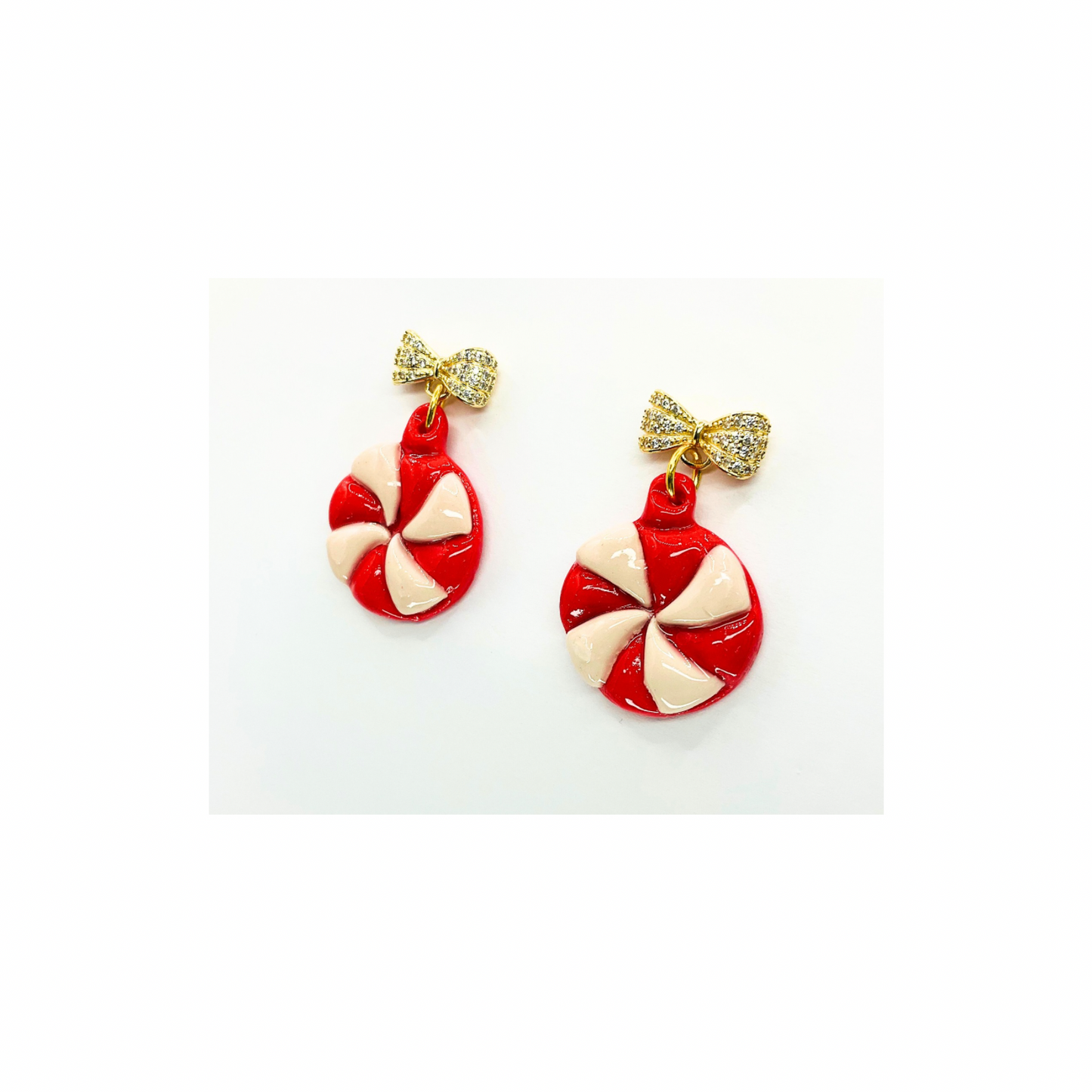 Starlight Peppermint with Gold Rhinestone Bow Stud Dangle Earrings Red & White Candy Design