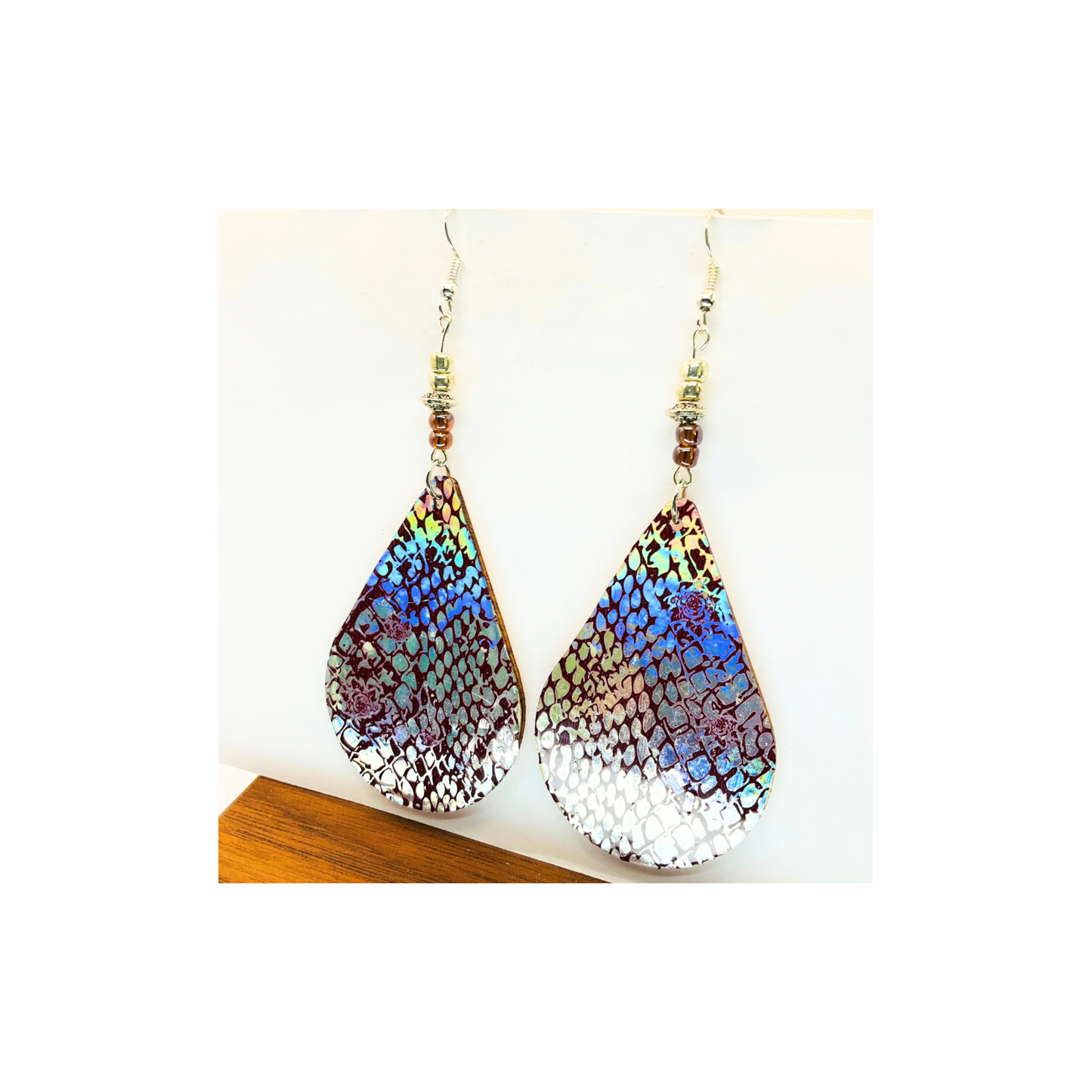 Silver and Brown Snake Skin Lightweight Wood Dangle Earrings
