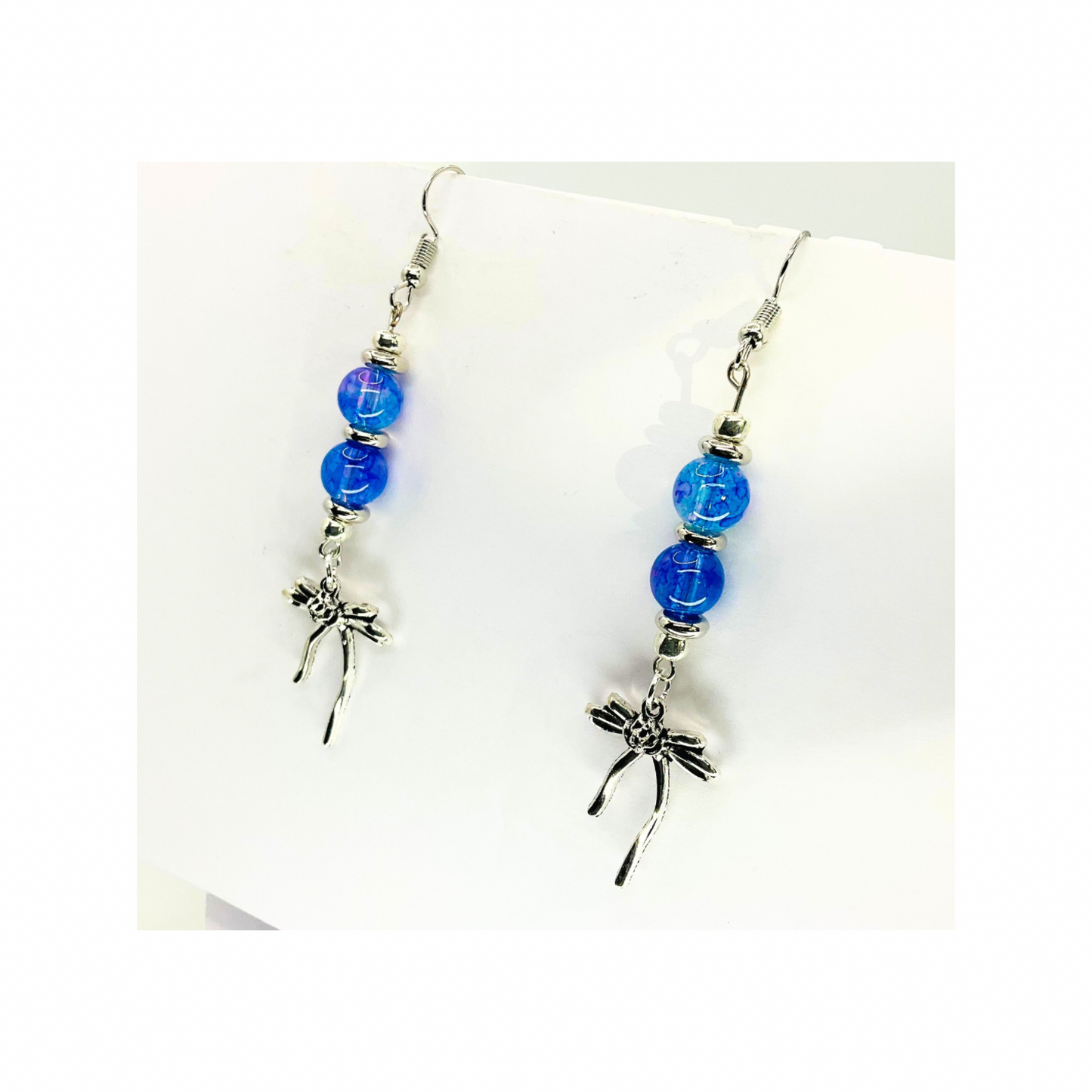 Blue Crystal Glass Bead Dangle Earrings with Silver Bow
