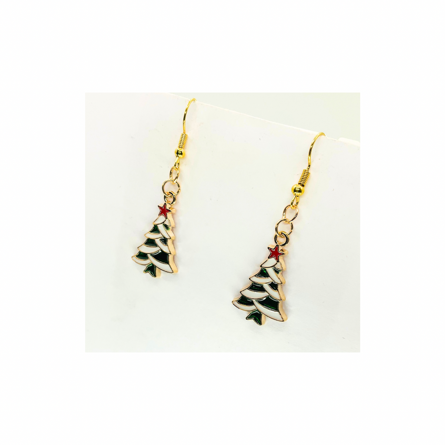 Christmas Tree Charm Dangle Earrings with Gold Tone and Enamel Details for Festive Wear