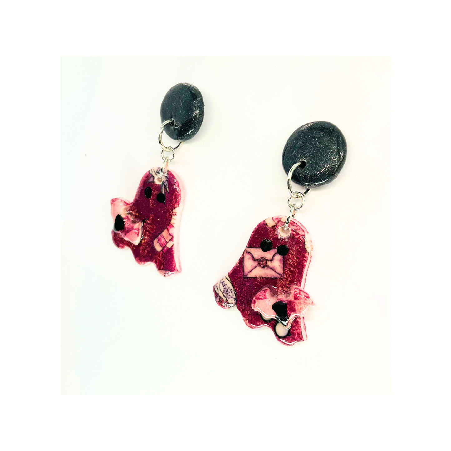 Wizard Collection Ghost Dangle with Bat Stud Earrings for Female - Pink Design with Bat