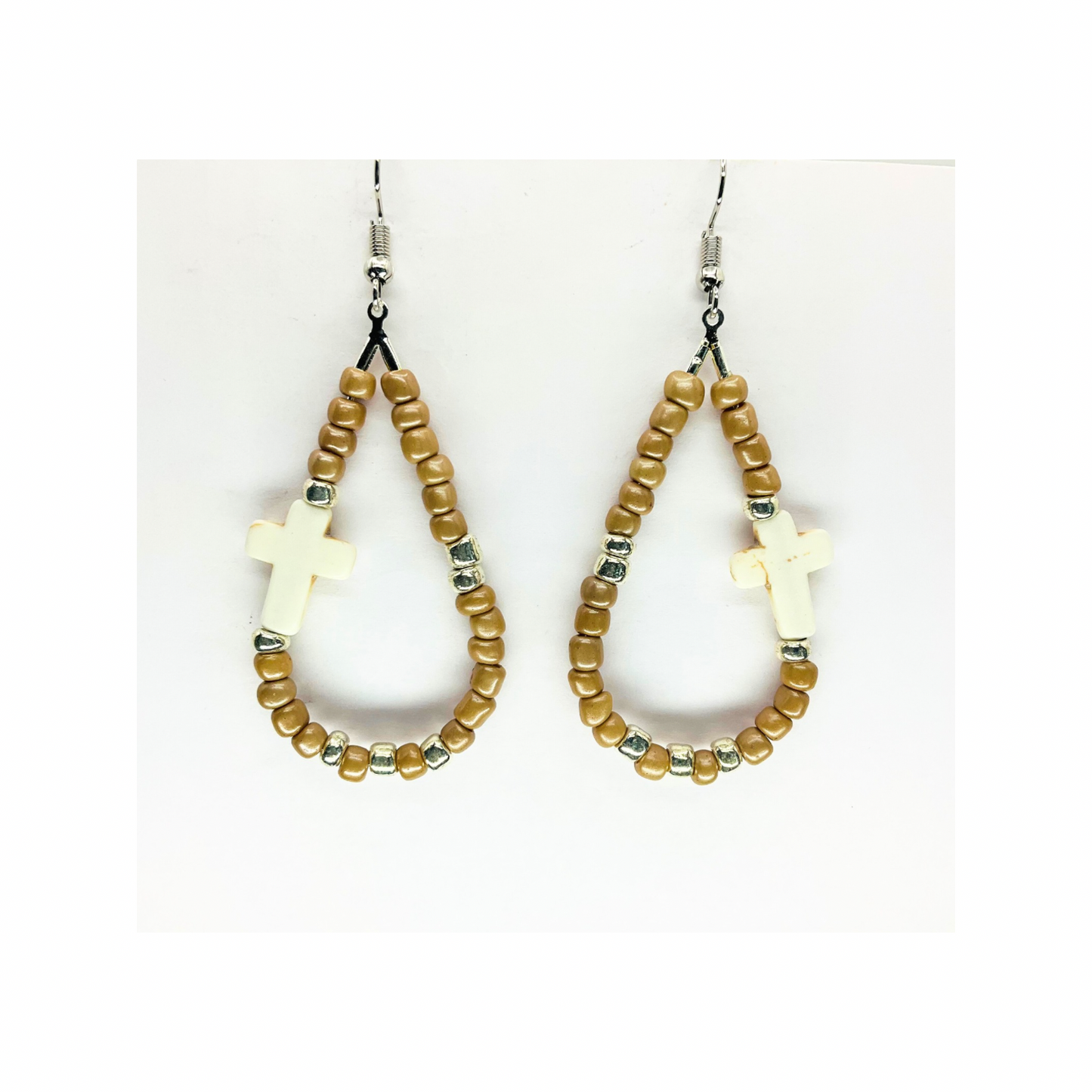 Tan Beaded Teardrop Dangle with Cream Cross, Boho Jewelry