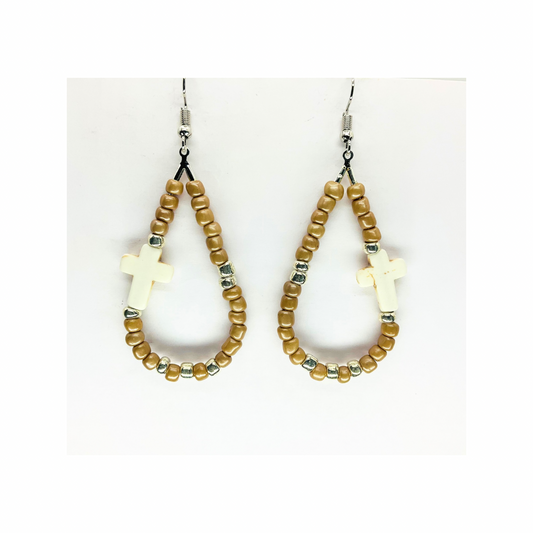 Tan Beaded Teardrop Dangle with Cream Cross, Boho Jewelry