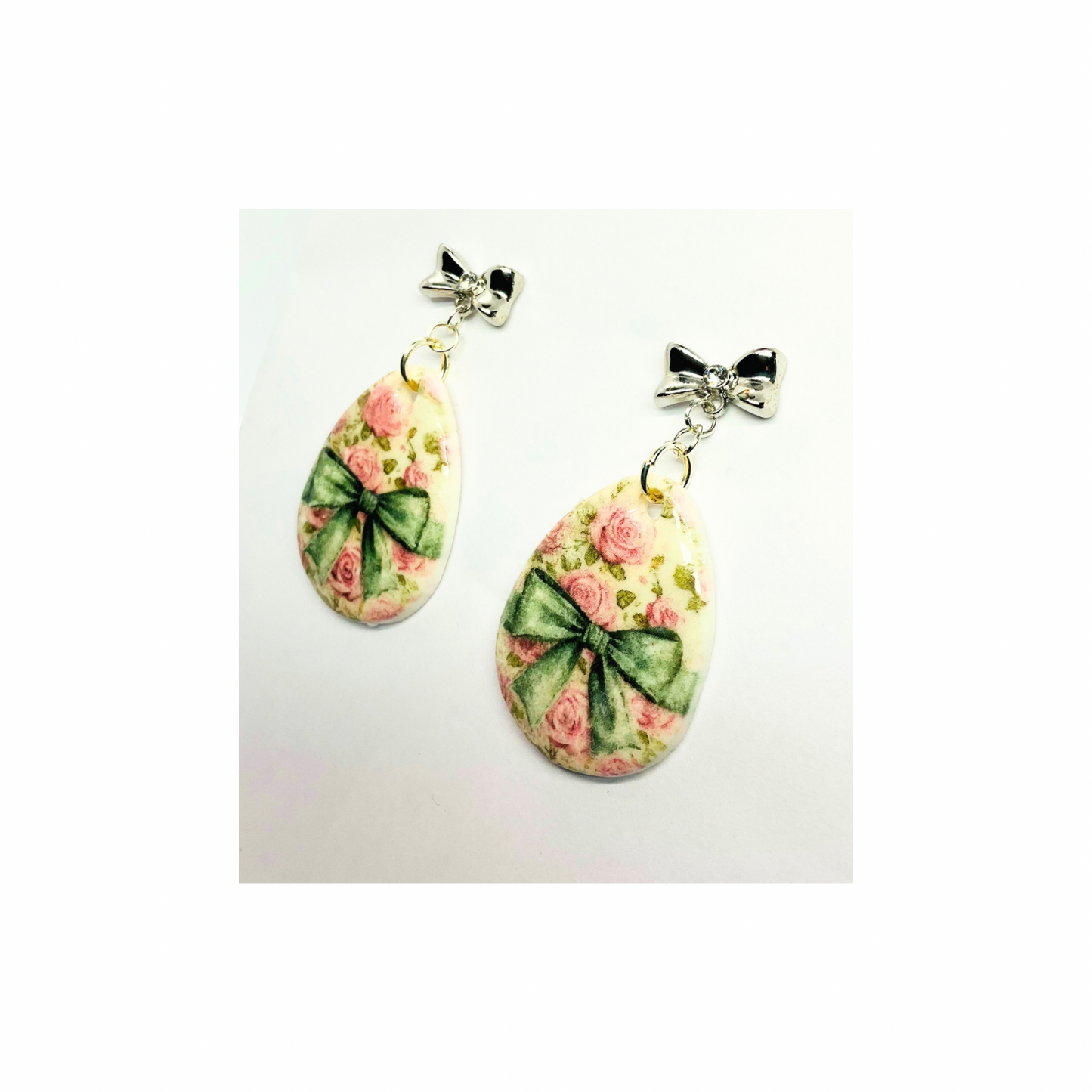 Romantic Green Bow Earrings with Silver Bow Stud