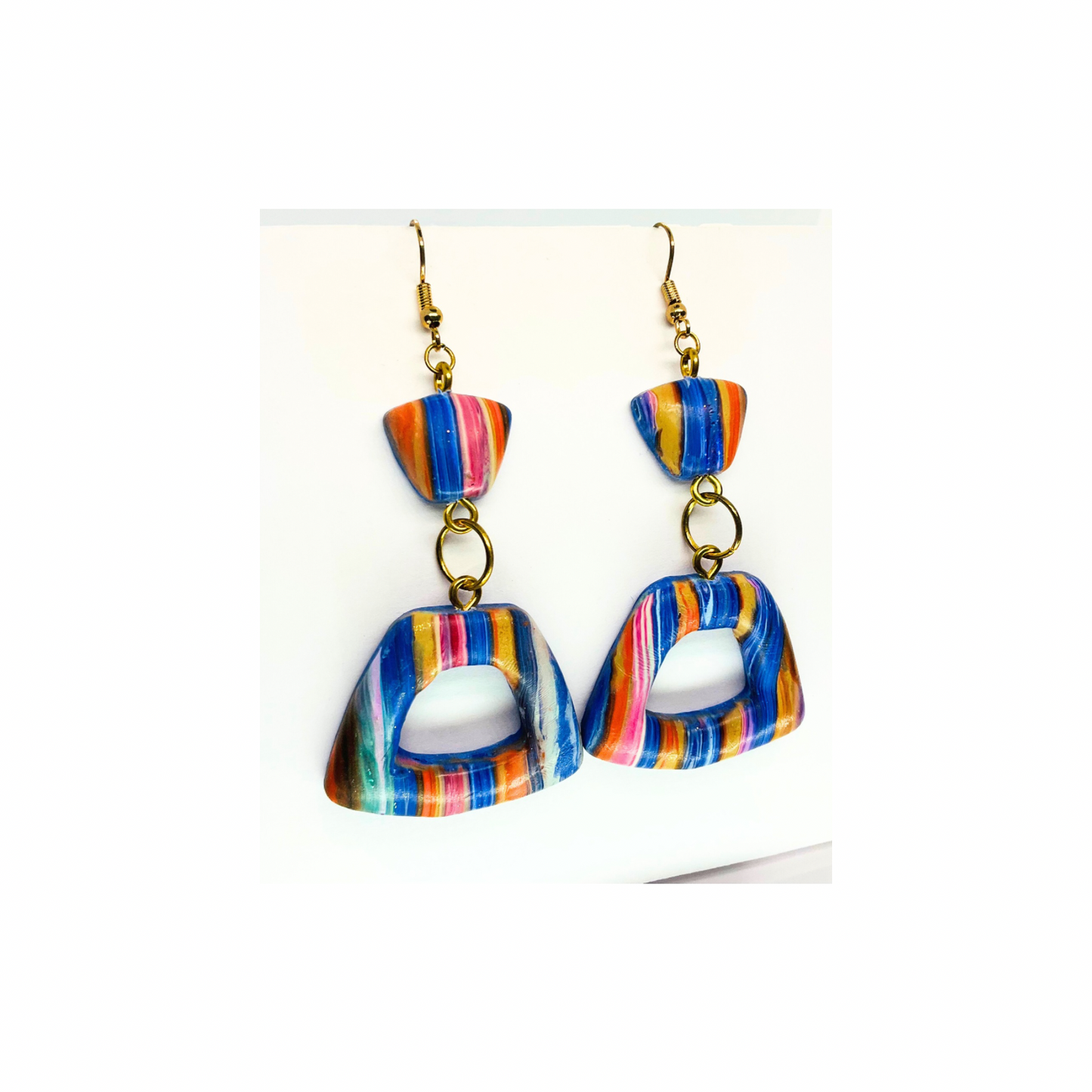 Striped Pinks and Blues Dangle Earrings - Colorful Striped Design with Gold Hooks