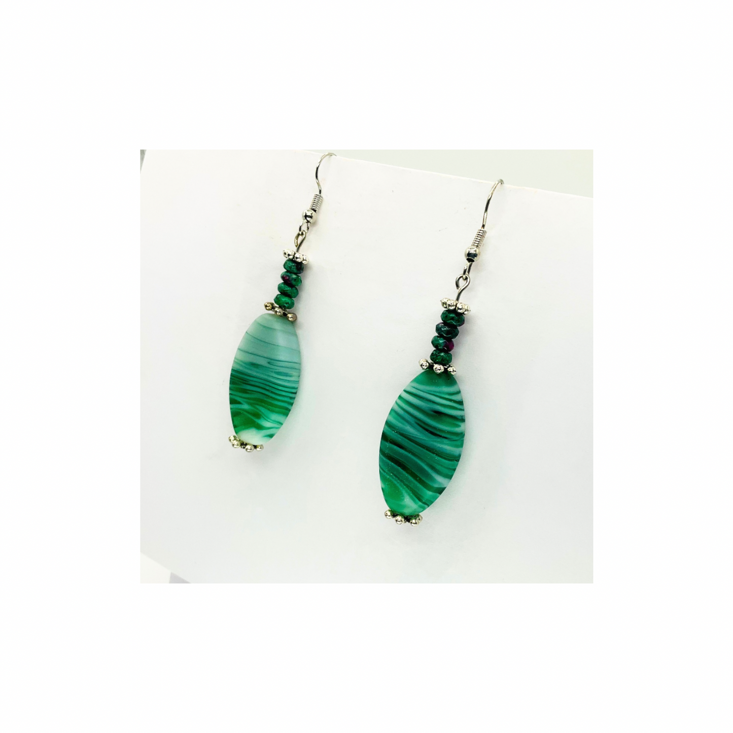 Green Glass Barrel Bead Dangles with Silver Details