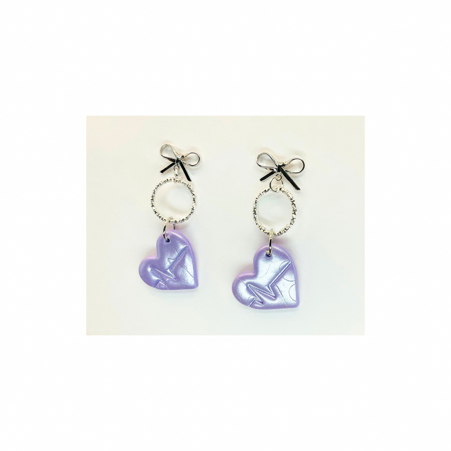 Light Purple Iridescent Heart Dangle with Silver Stud Bow Earrings