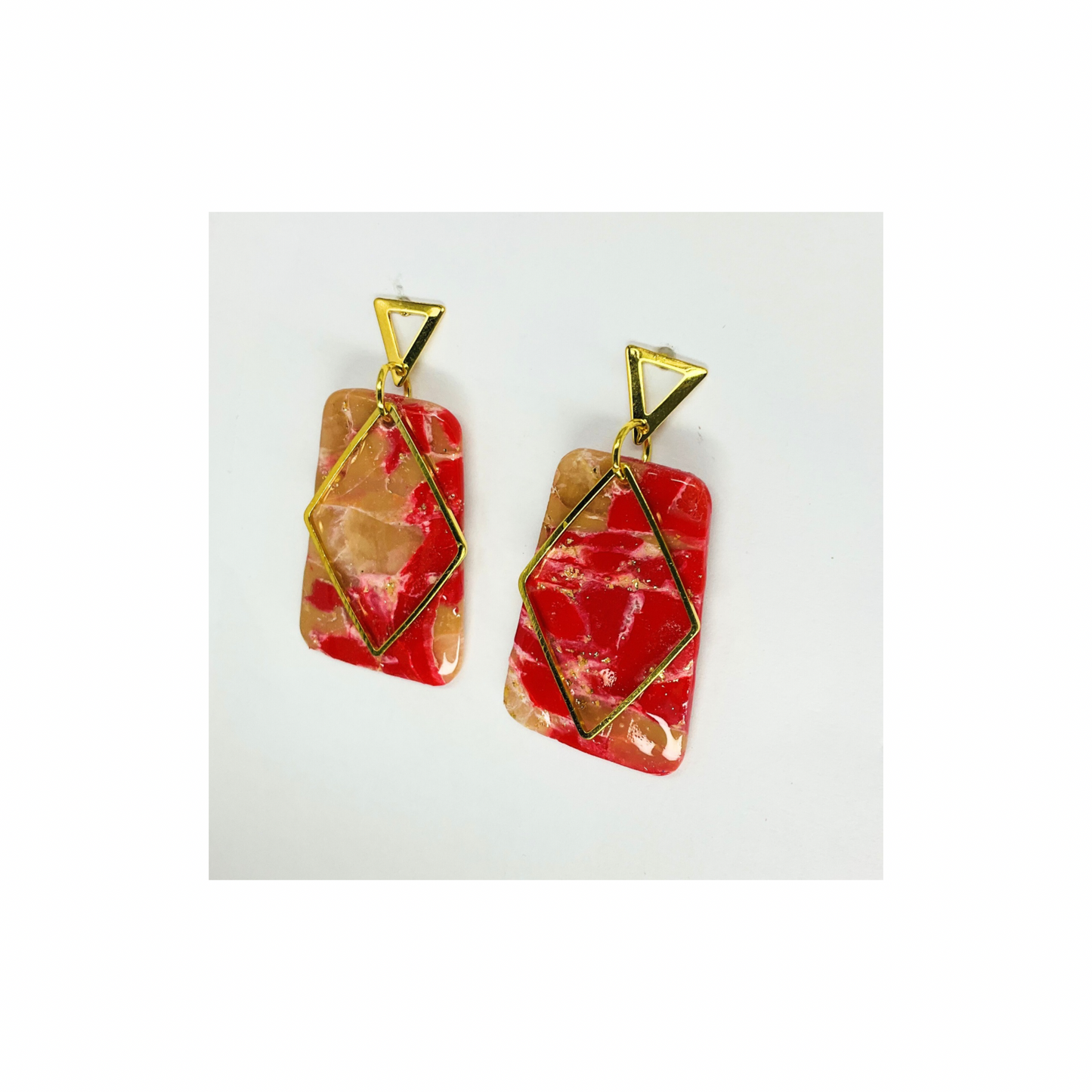Red and Gold Dangle with Gold Triangle Stud Earrings-Crafting By BB