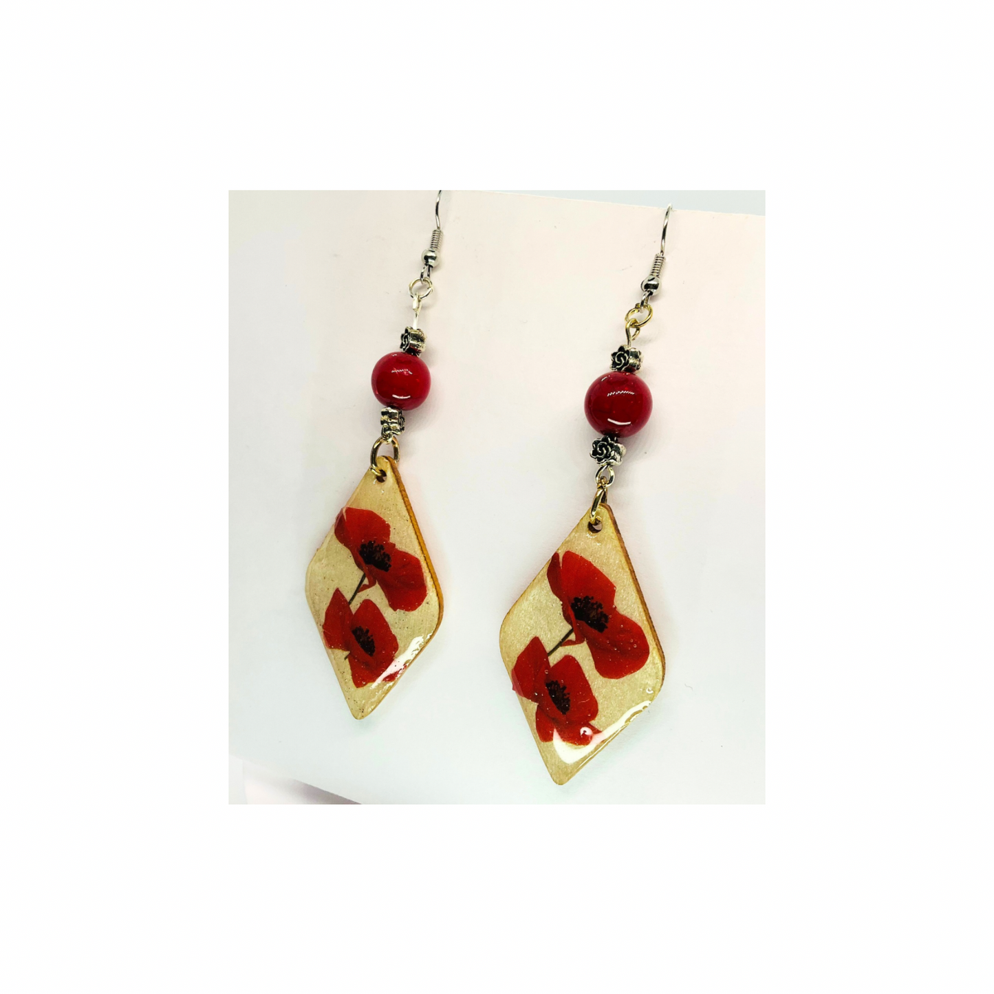 French Garden Collection Wood Diamond Shape with Red Flowers and Red Bead Dangle Earrings