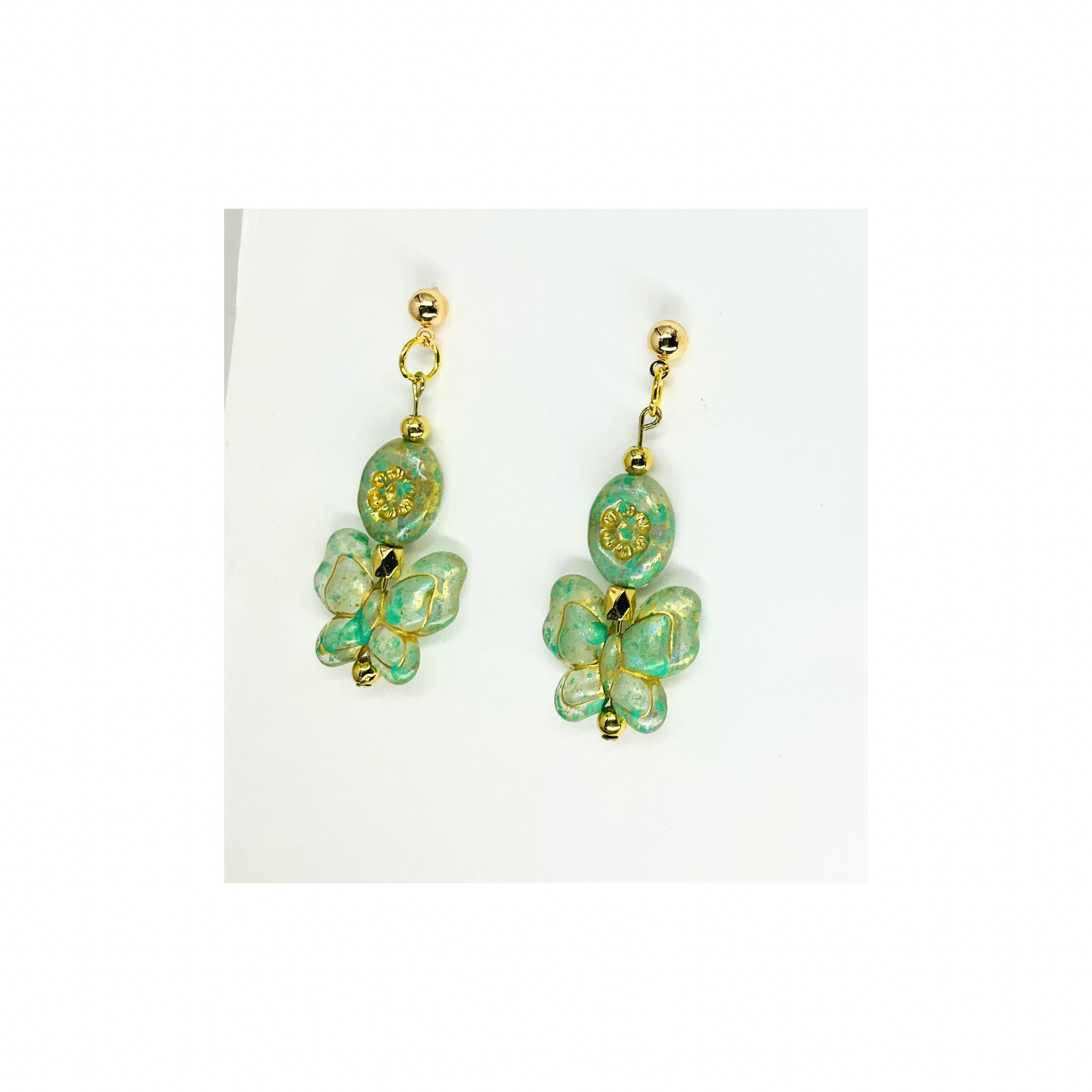 Green and Gold Bohemia Czech Butterfly Beads with Gold Ball Stud Dangle Earrings-Crafting By BB