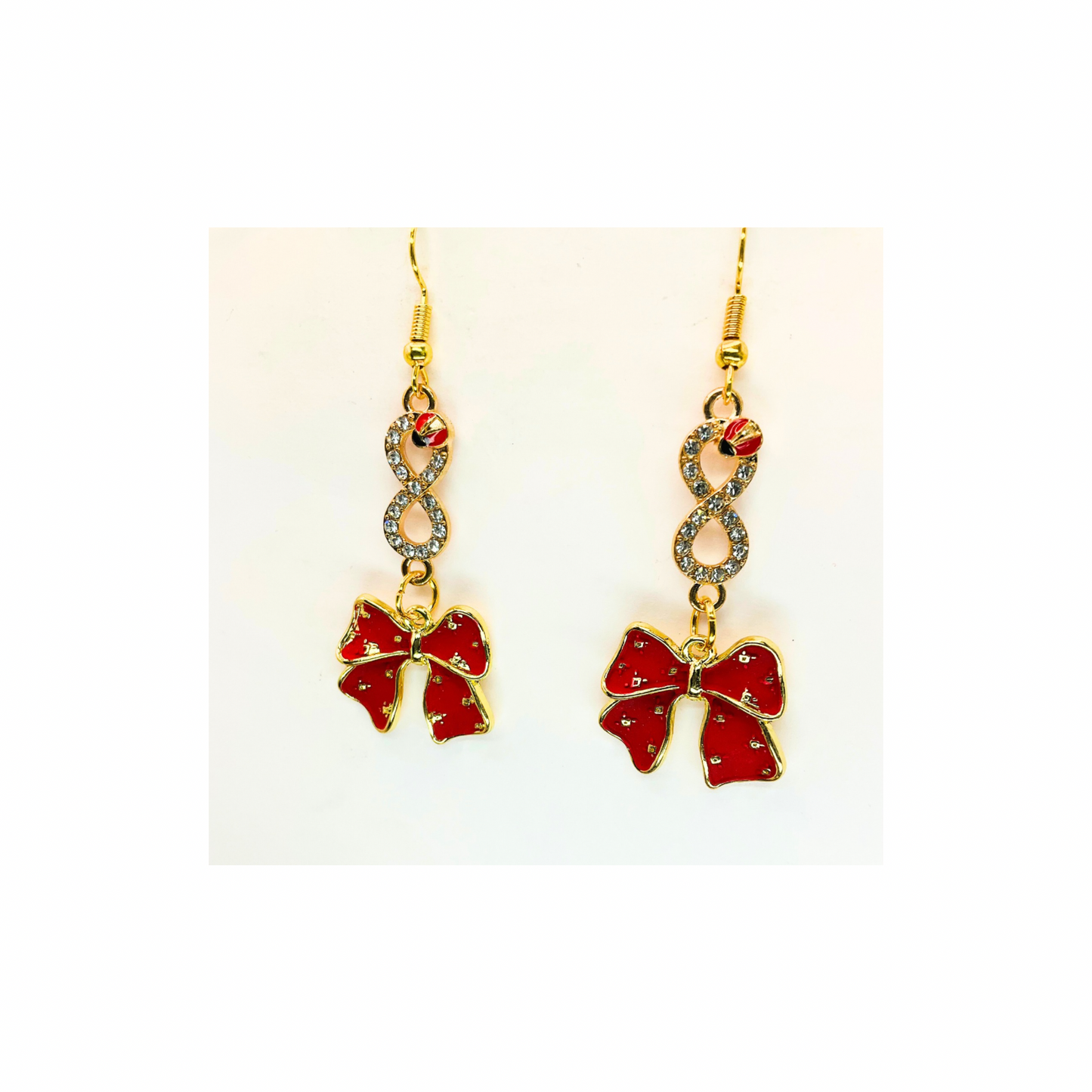 Red and Gold Bow with Ladybug Rhinestone Dangle Earring