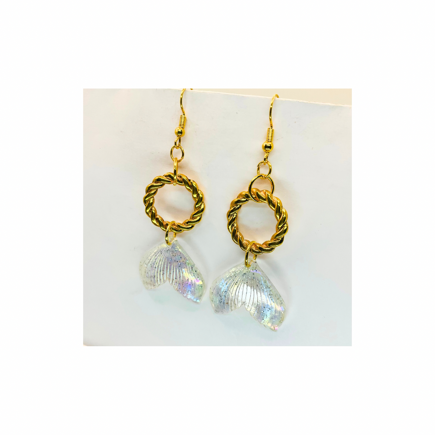 Mermaid Iridescent Tail Earrings with Gold Rope Circle Dangle
