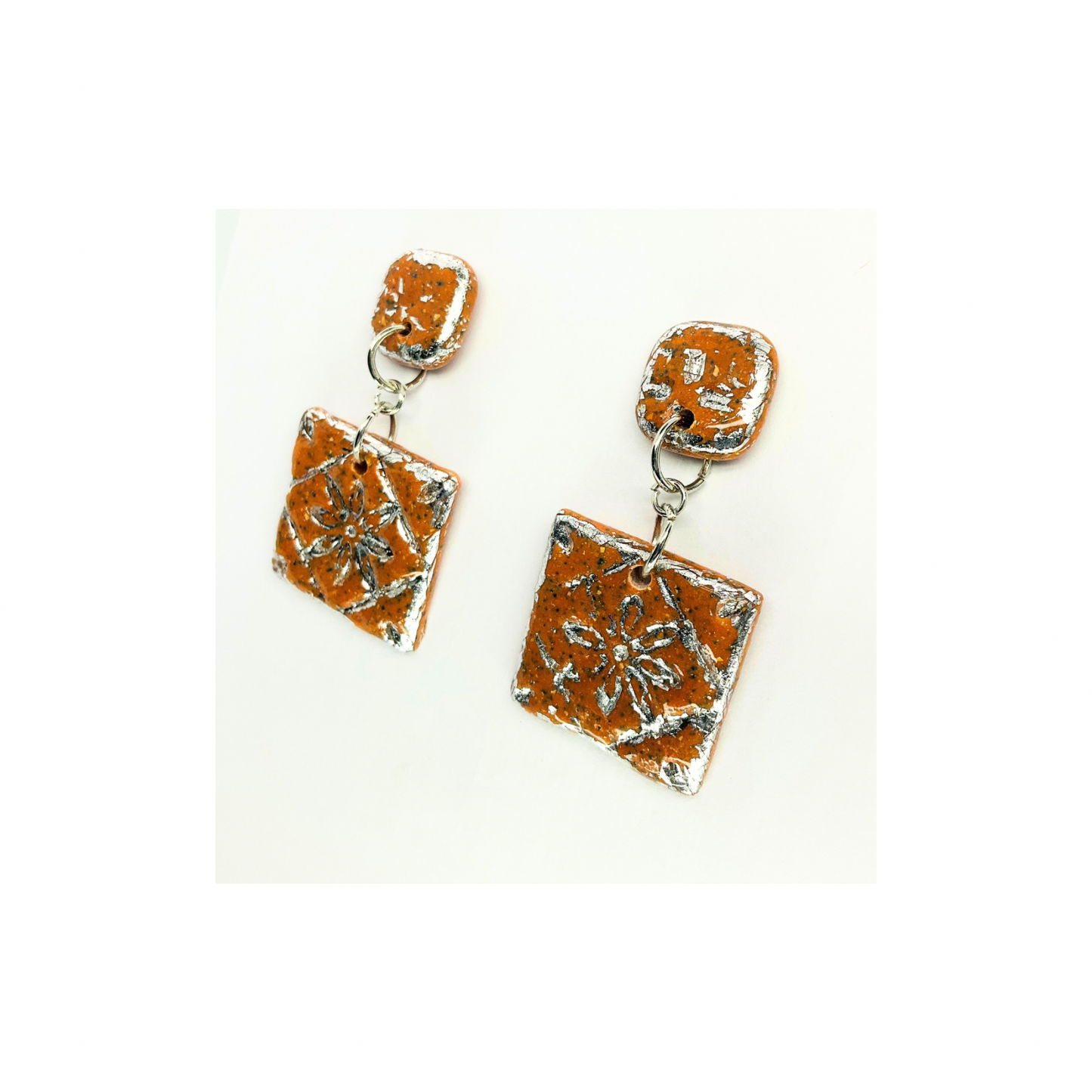 Terracotta Tile Stud with Silver Accents Dangle Earrings -  Square Design with Intricate Patterns