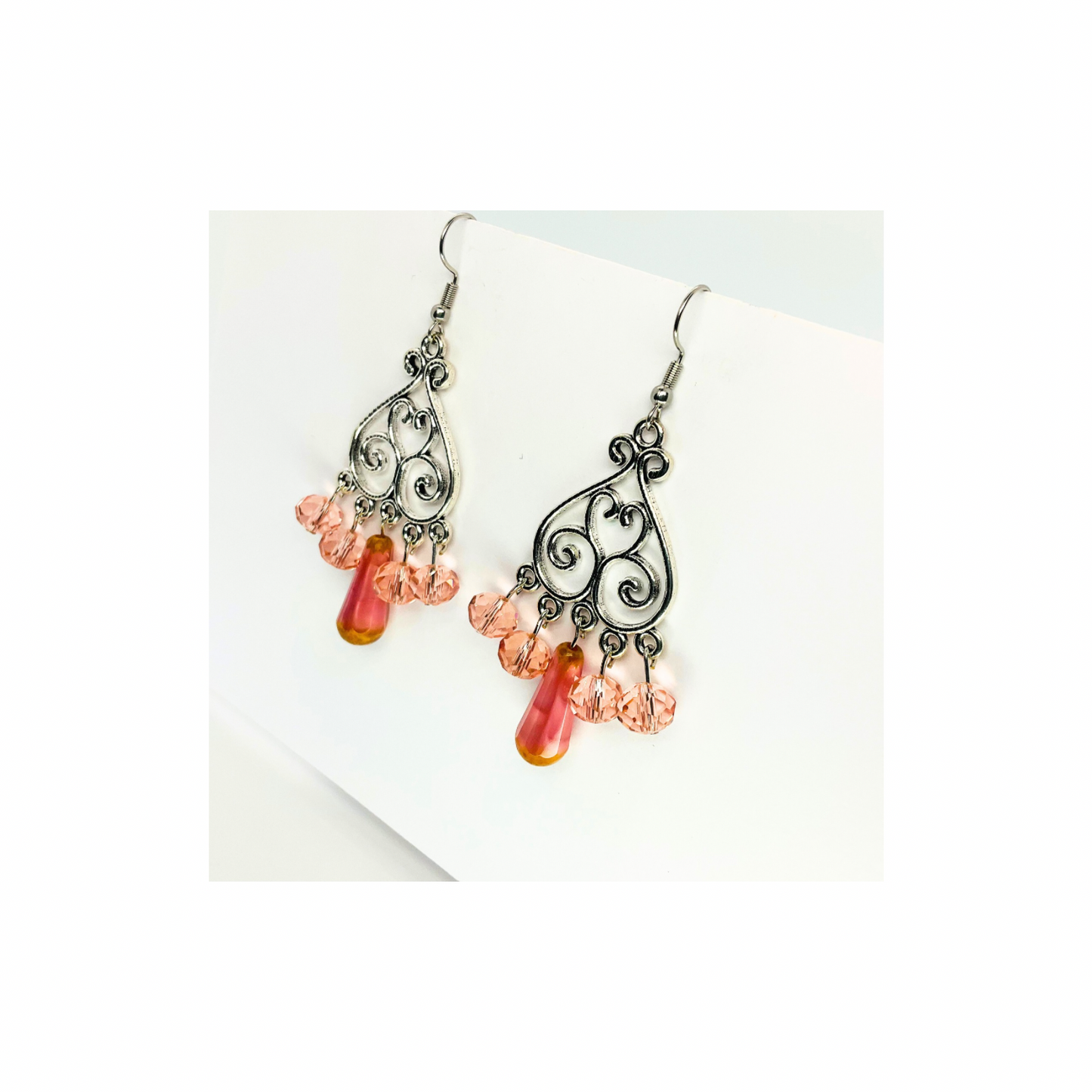 Crystal Chandelier Collection Teardrop Dangle Earrings with Pink and Orange Beads and Intricate Design