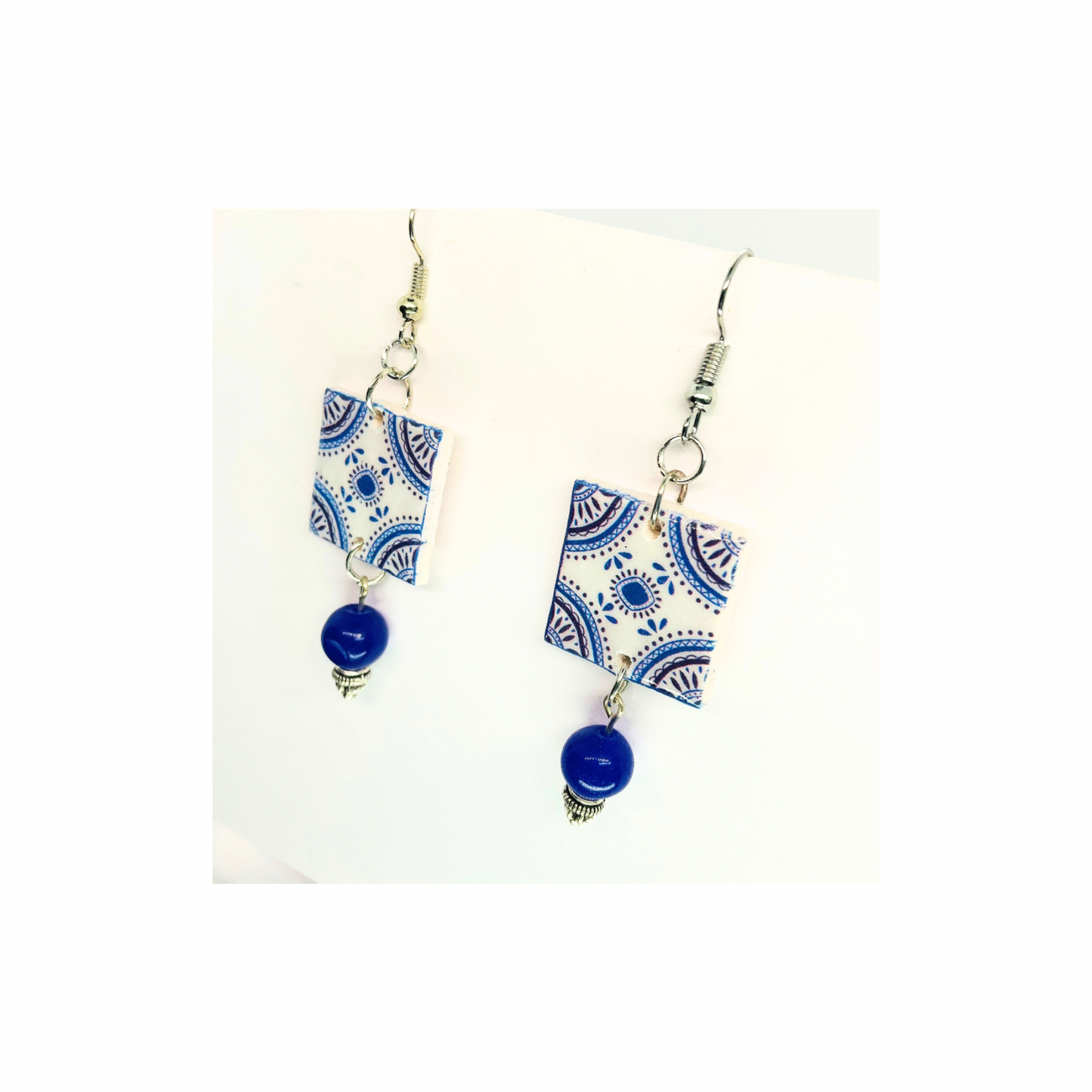French Garden Collection Blue White Garden Tile Dangle Earring with Blue Bead Accents