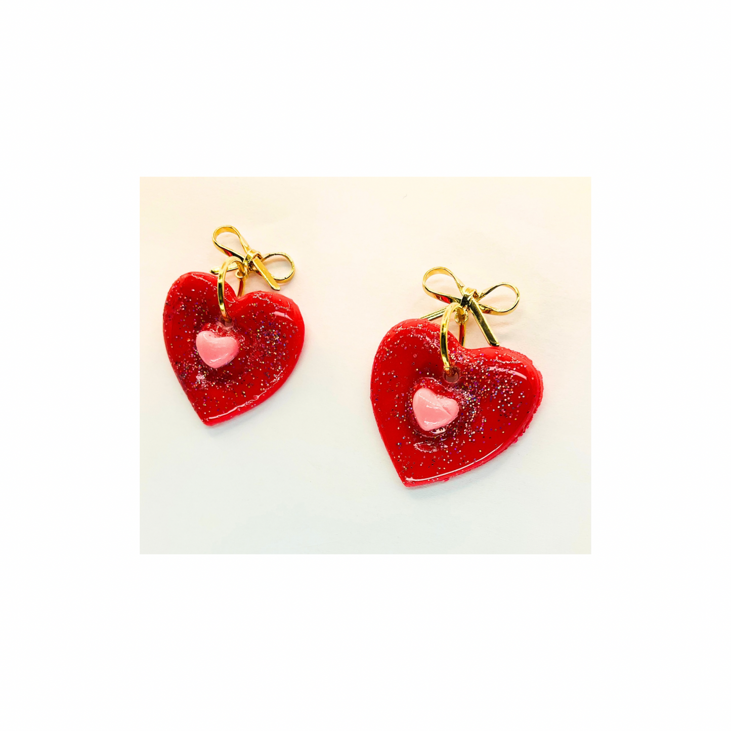 Red Heart with Pink Heart and Gold Bow Stud Dangle Earring