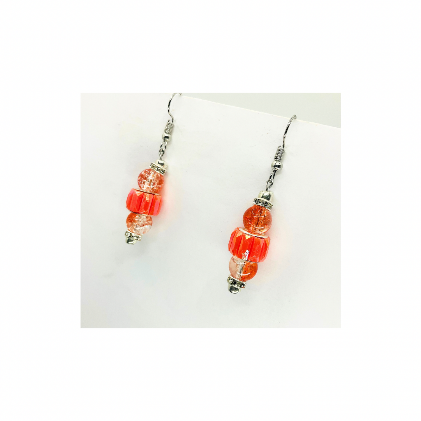 Vibrant Peach Orange Beaded Dangle with Crystal &amp; Silver