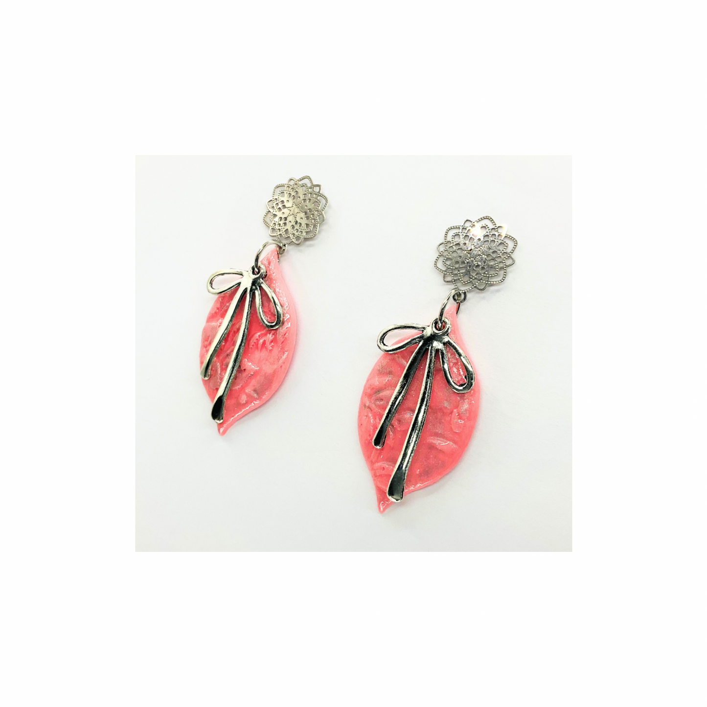 Pink Ornament with Silver Bow and Filigree Stud Dangle Earrings for Women's Fashion Accessories