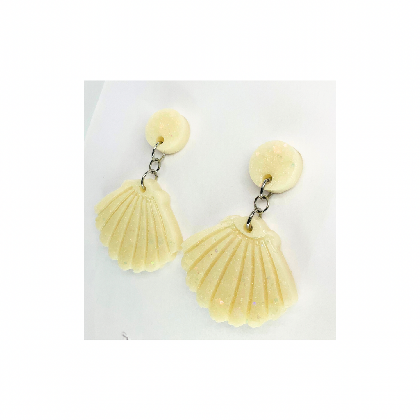 Ocean Collection Crean Sparkle Shell Dangle Earrings - Cream Acrylic Metallic Paint & Fine White Glitter Resin Earrings with Silver Post