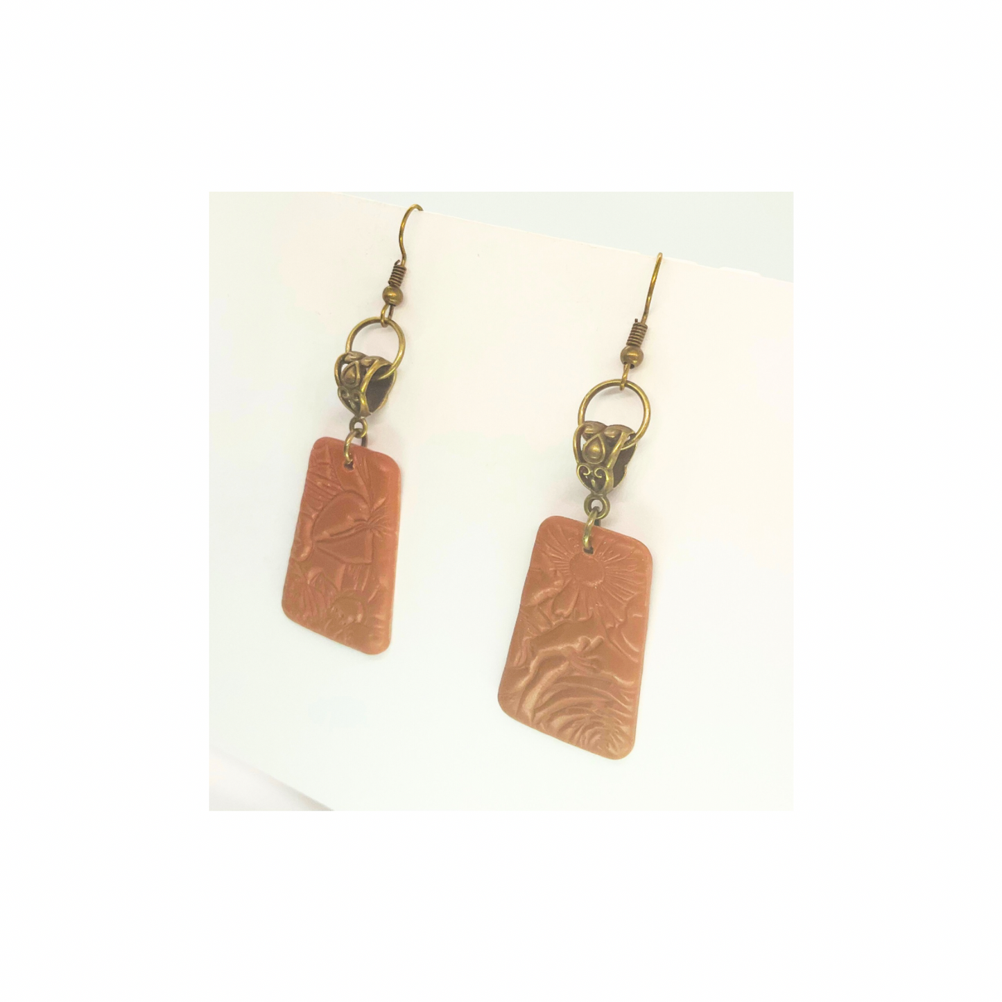Leather Bronze Imprinted Dangle Earrings - Simple Design with Unique Imprint Pattern