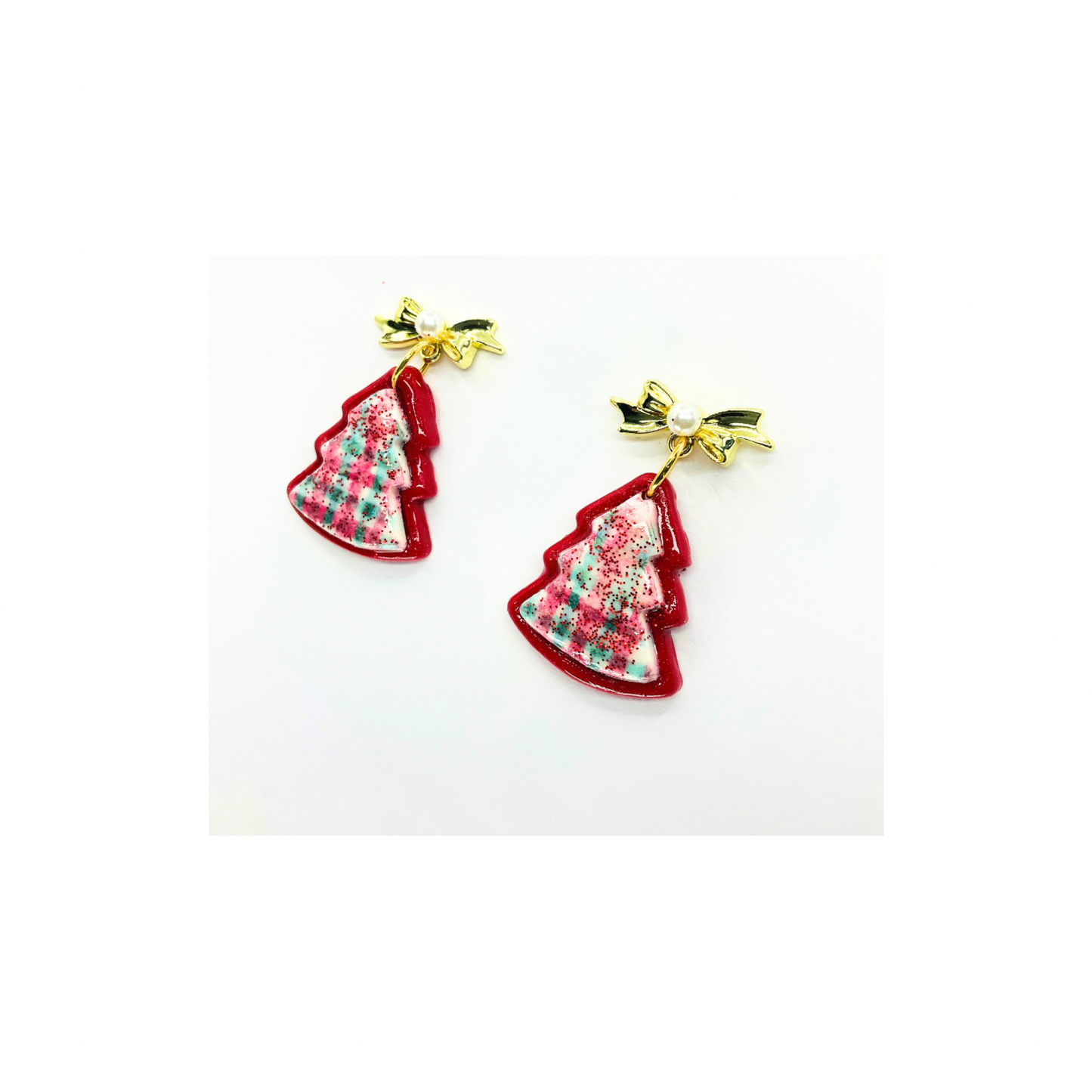 Sparkly Red Plaid Tree Dangle Earrings with Gold Bow Studs