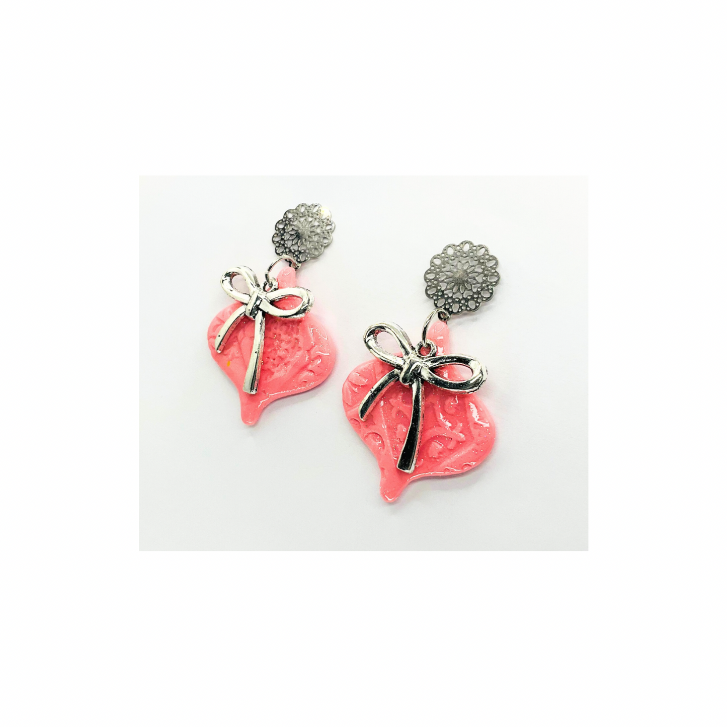 Pink Ornament Earrings with Silver Bow and Stud Dangle for Women