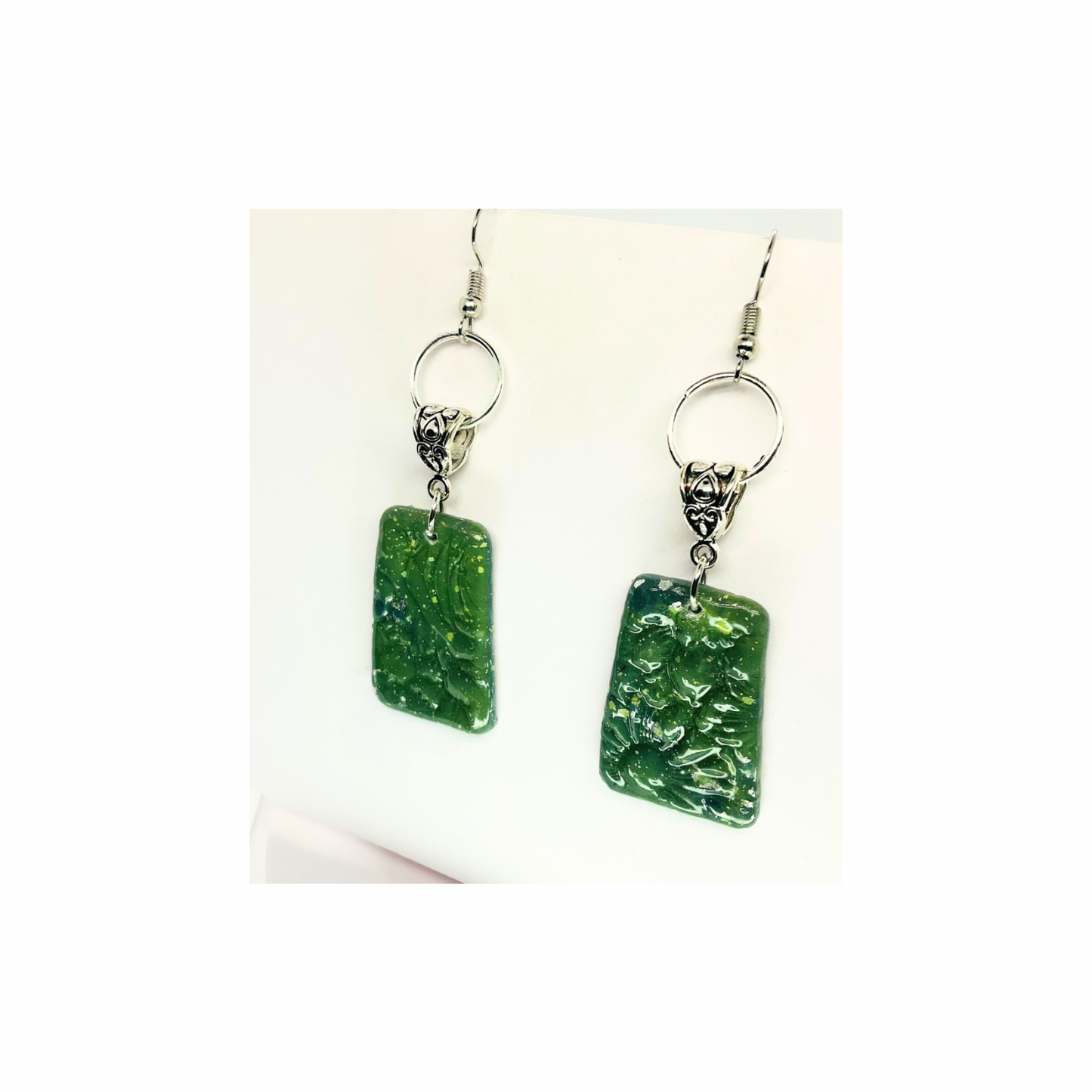 Jade Green Color with Silver Circle Dangle Earring - Simple Design Earrings Featuring a Rectangular Shape and Silver Circle Accent
