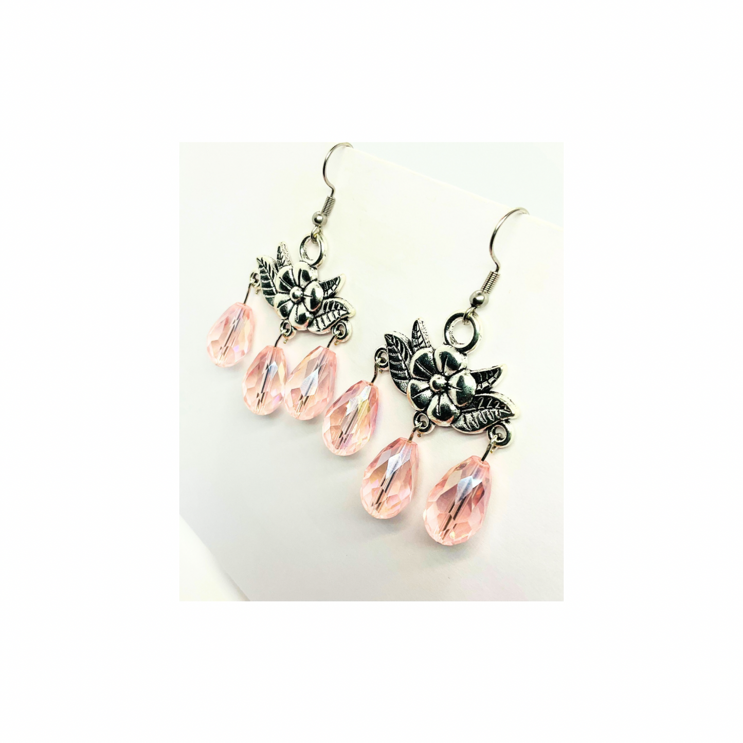 Crystal Chandelier Collection Large Bead Dangle Earrings with Pink Teardrop Design and Detailed Charms