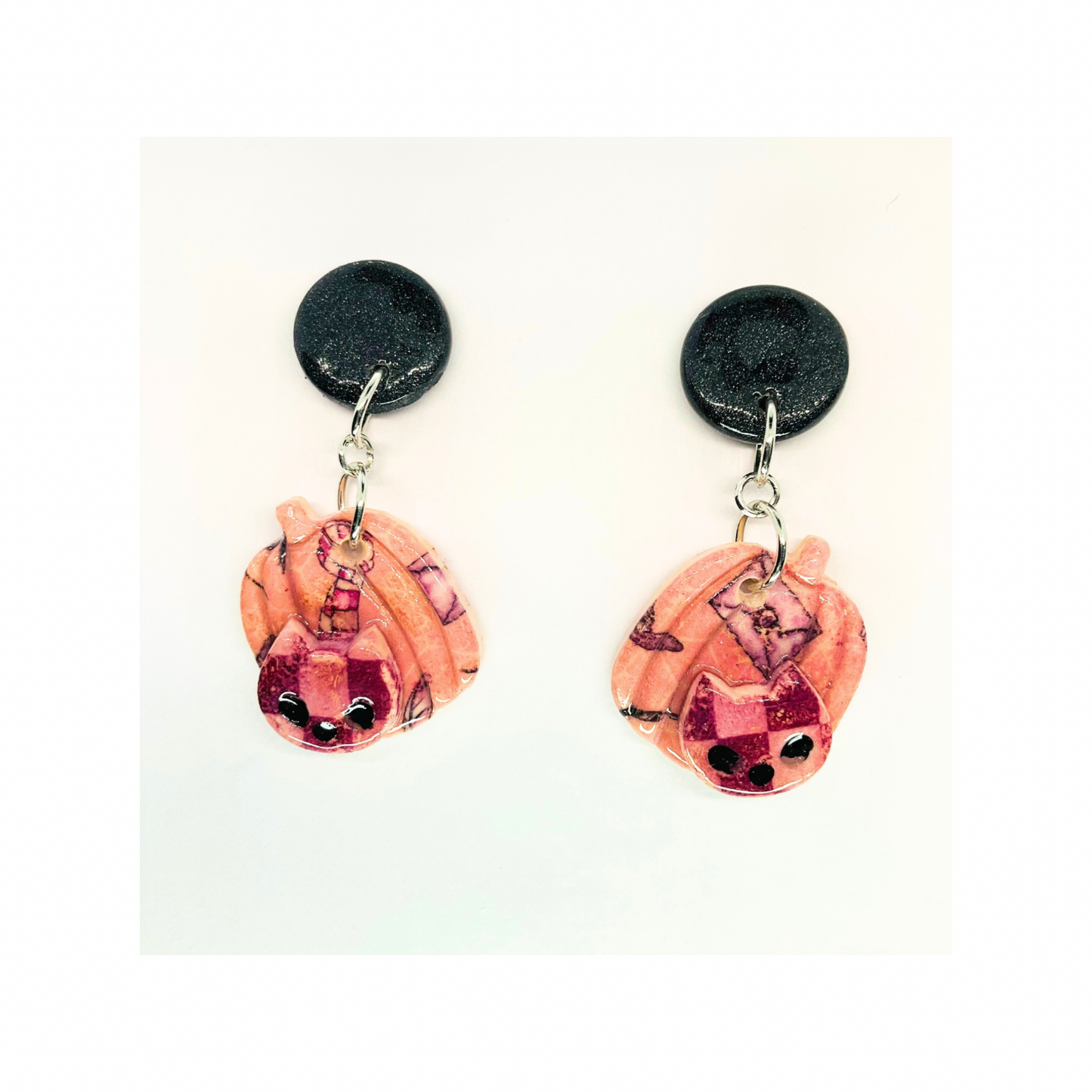 Wizard Collection Pumpkin with Cat Pink Dangle Earrings - Unique Design with Cat Accent