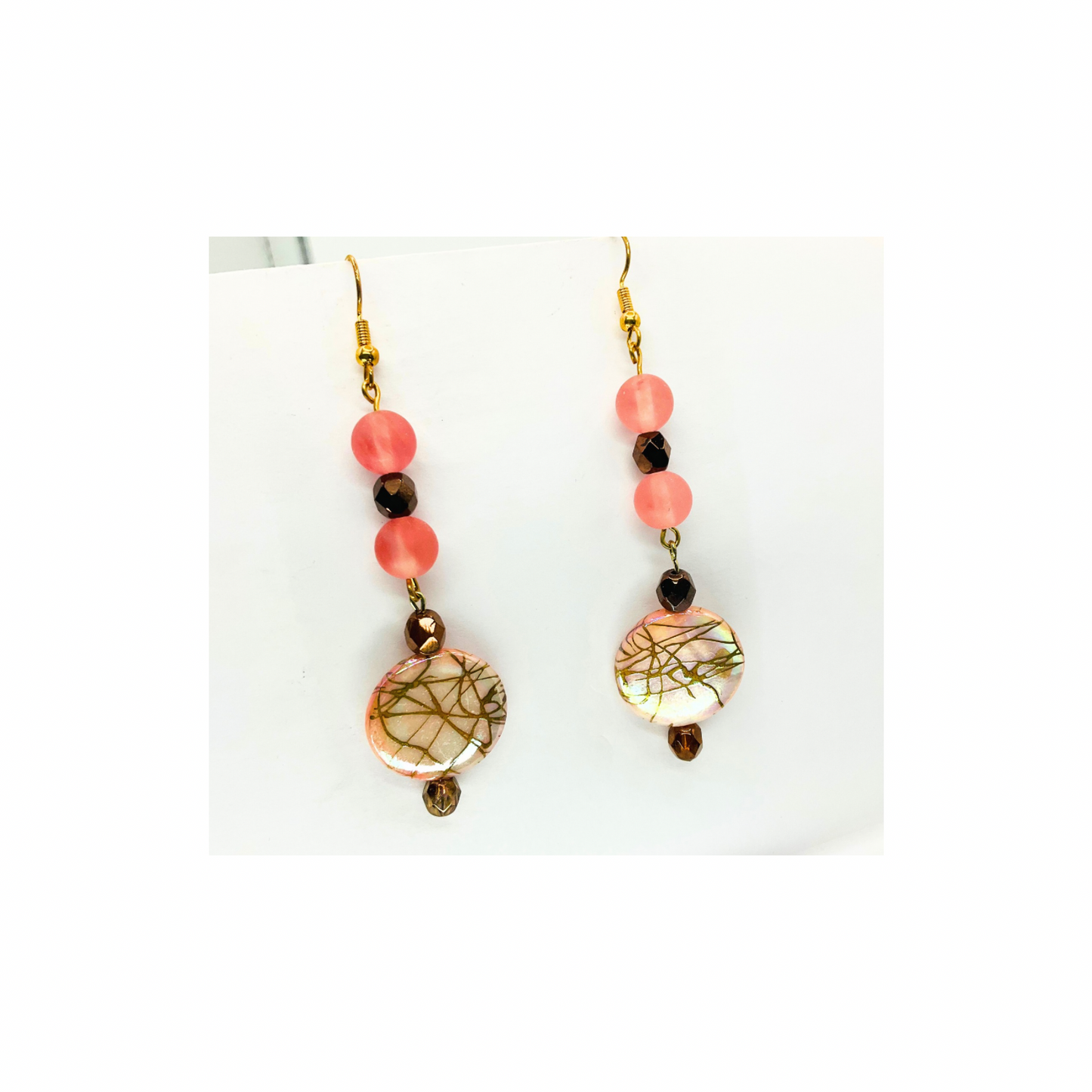 Pearl Pink and Gold Disk Dangle with Pink and Bronze Beads
