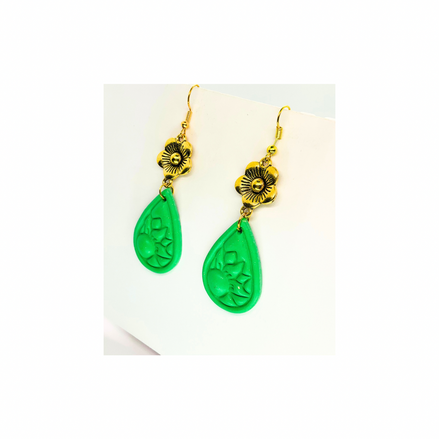 Green Teardrop with Gold Flower Dangle Earrings for Female Fashion Accessories
