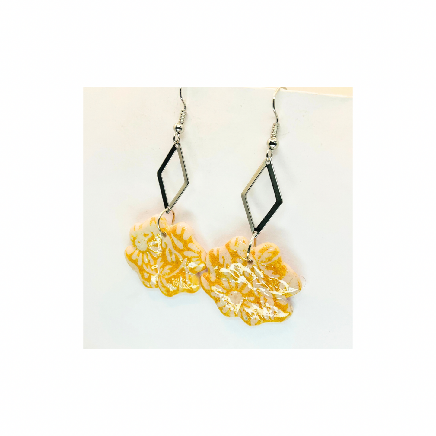 Beach Bloom Collection Yellow Four Corner Flower Dangle with Silver Diamond Embellishment Earrings