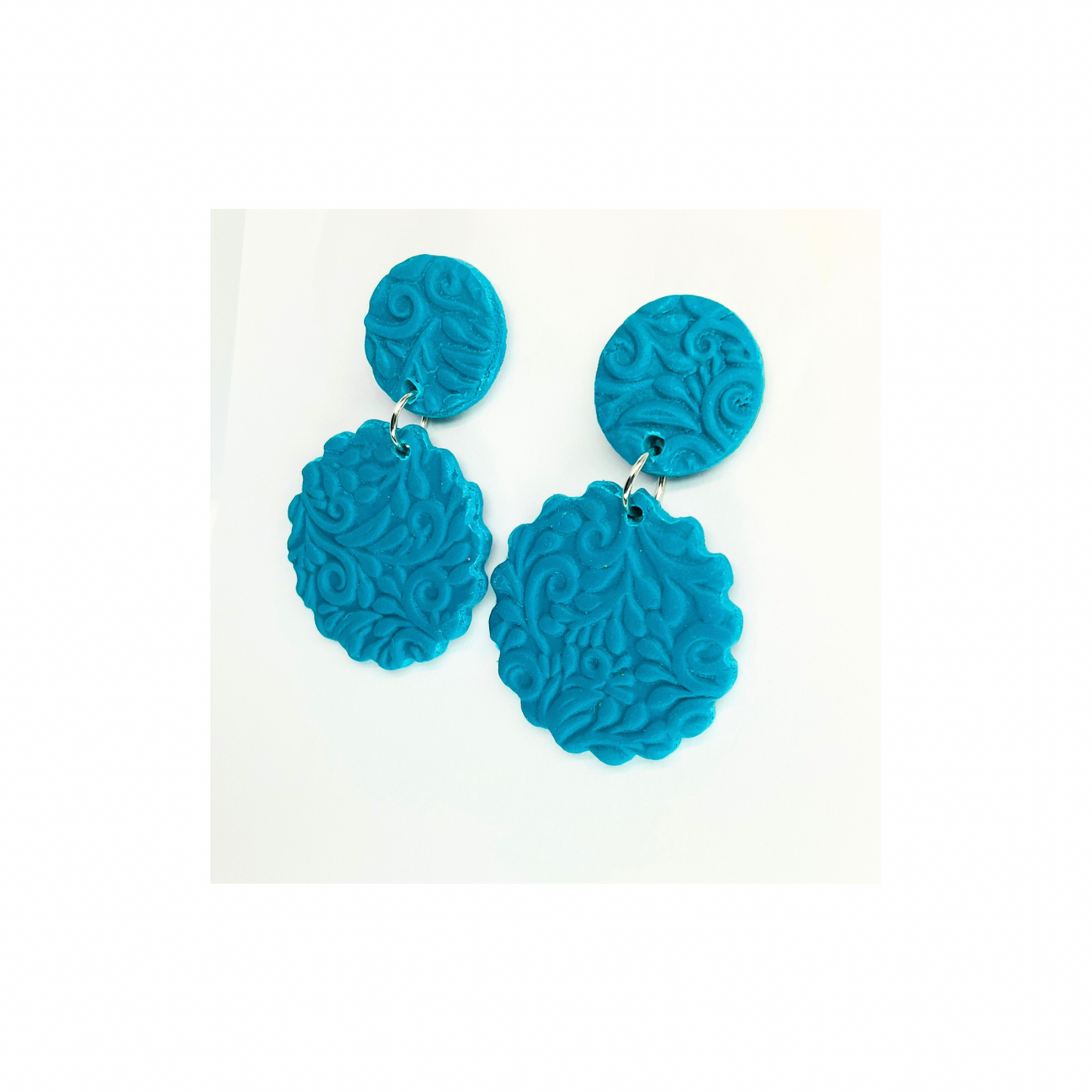 Crystal Teal Textured Circle Stud Dangle Earrings with Intricate Floral Design for Women's Fashion