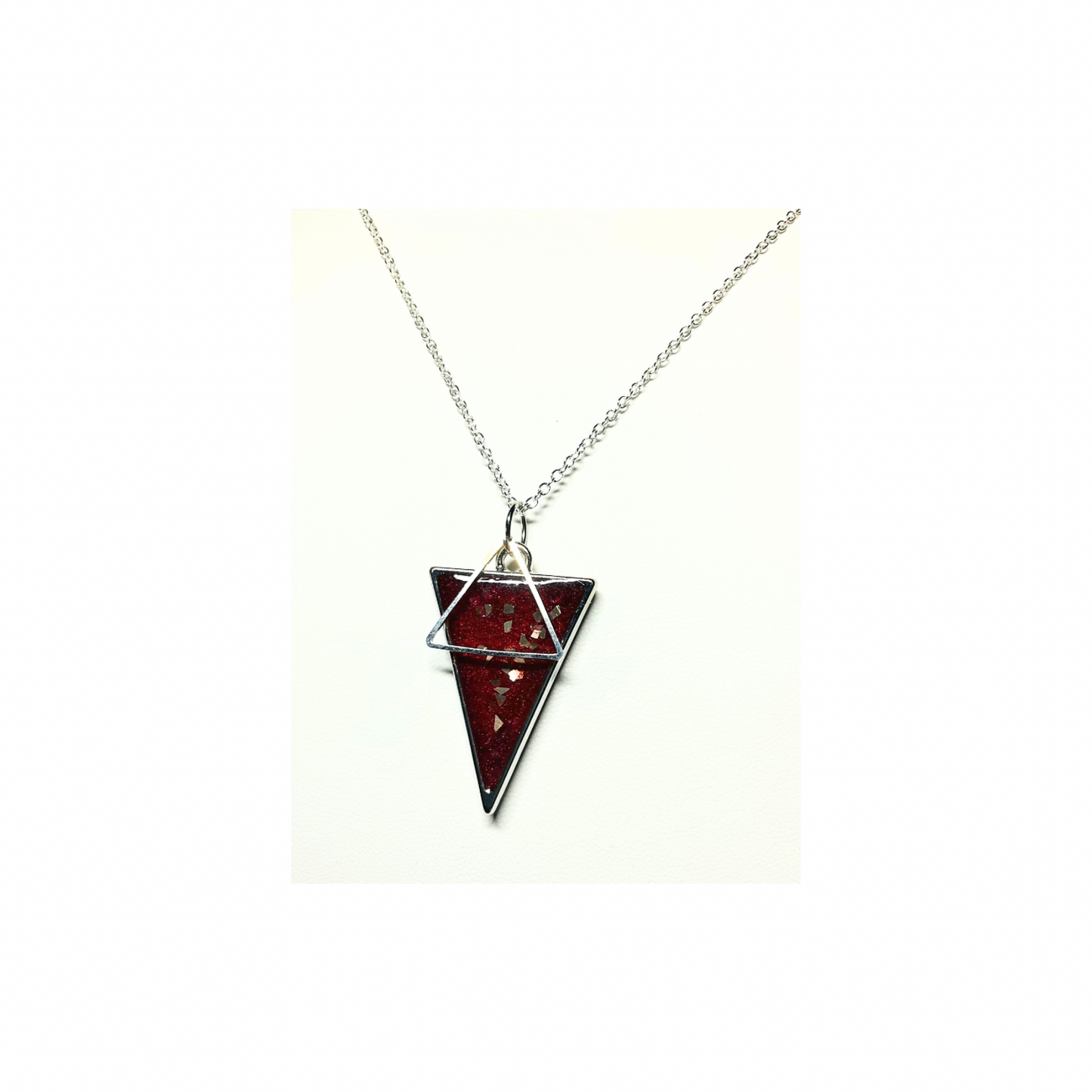 Deep Red and Silver Triangle Necklace with 18-inch Silver Chain Elegant Jewelry Accessory
