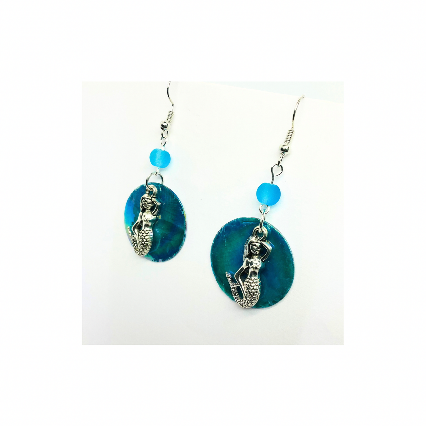 Ocean Collection Mermaid and Flat Shell Dangle Earring with Blue Bead Accent