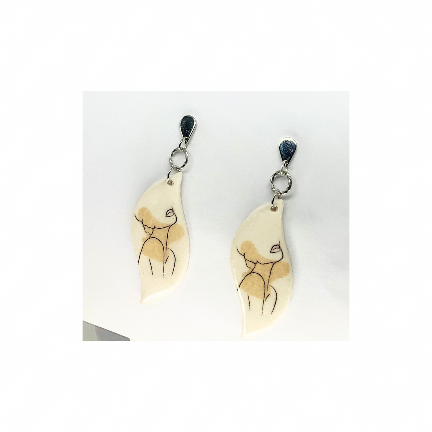 Woman Face Line Art Dangle with Silver Teardrop Stud Earrings-Crafting By BB