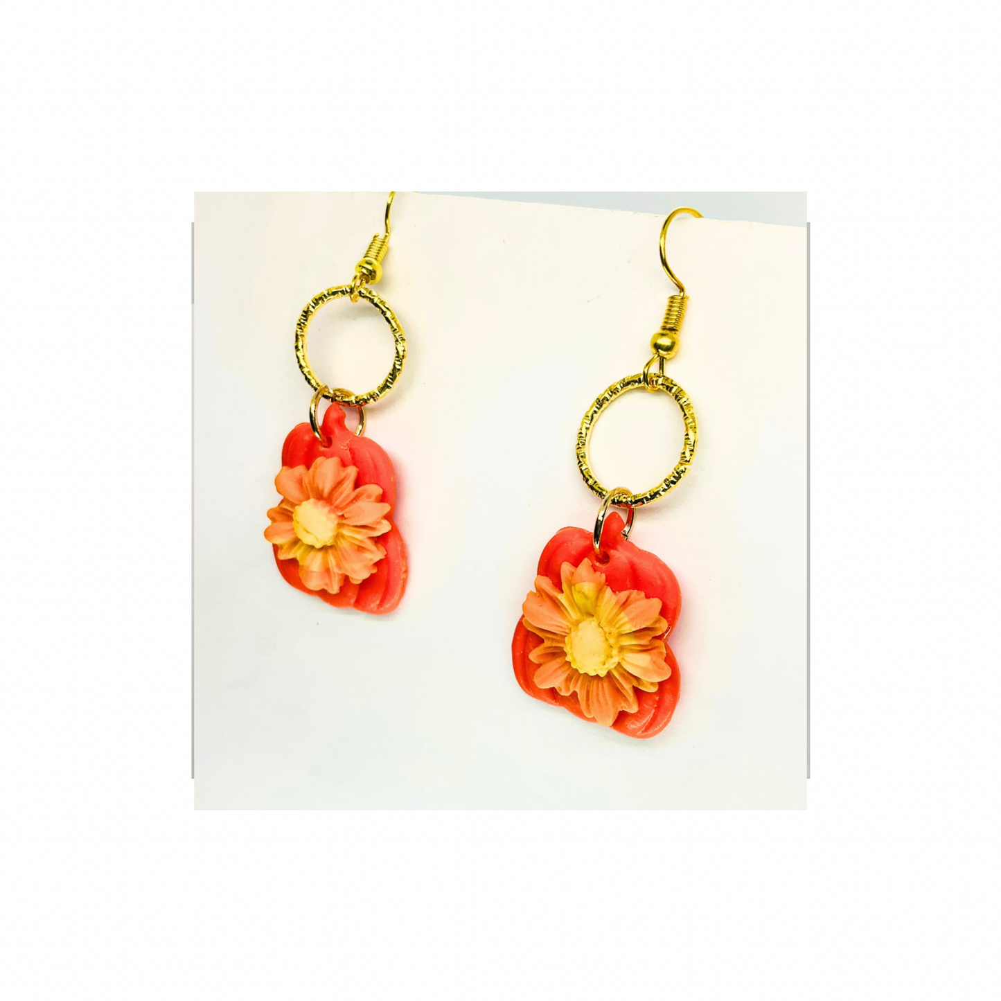 Fall Collection Orange Stacked Pumpkins with Large Flower Dangle Earring